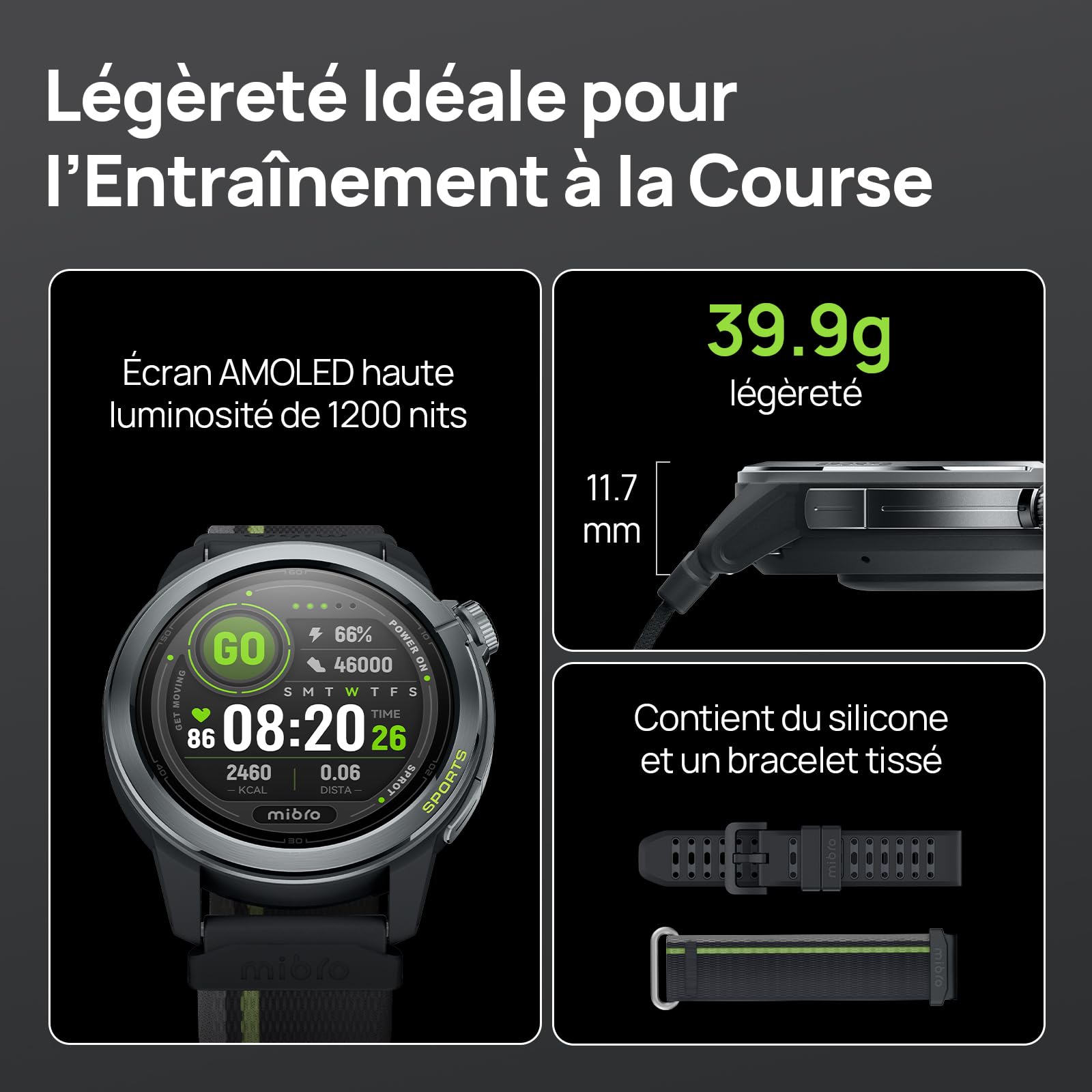 Mibro GS Active 2 Montre GPS Running Homme Femme, AMOLED 1,32", Coach Running 5K Semi-Marathon, VO2 Max, GPS Sport, Mode Padel Expert, Montre Connectée Sport 39g, 15 Jours Batterie(Gris Foncé)