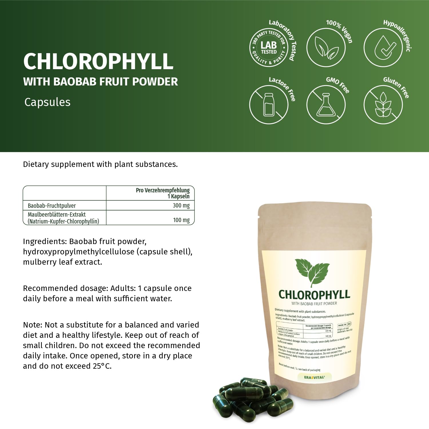 Chlorophyll 90 Kapseln - Pflanzenkraft aus Maulbeerblättern und Baobab-Fruchtpulver - Vitalstoff-Formel für Balance und Wohlbefinden, ohne Zusatzstoffe, laborgeprüft, vegan.
