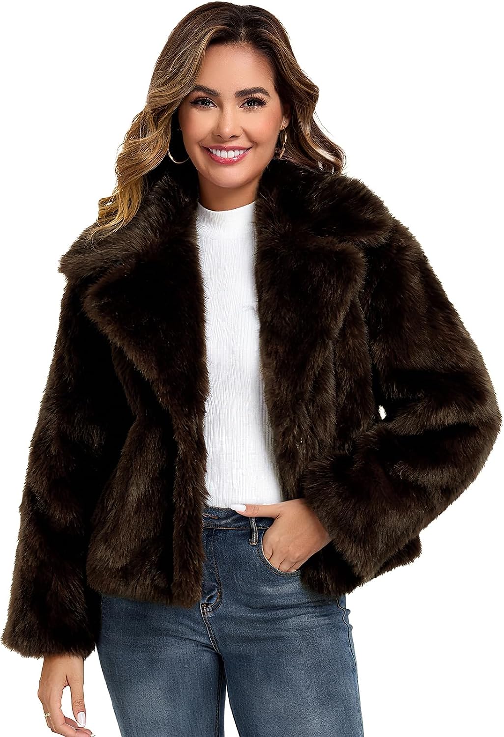 Oymyakon Women Faux Fur Coat Long Sleeve Fluffy Lapel Furry Jackets Winter Shaggy Open Front Short Outerwear