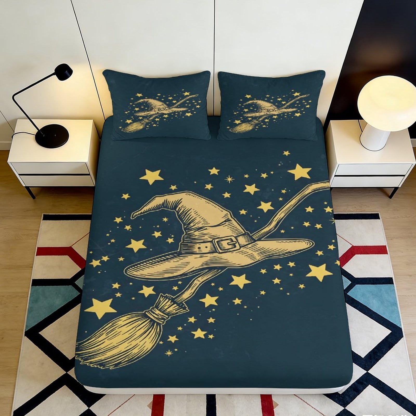 3D Printed Witch Hat Fitted Sheet Microfiber Soft Breathable Star Pattern Bed Cover for Bedroom Dormitory Guest Room Mattress Protection 120x200x25cm