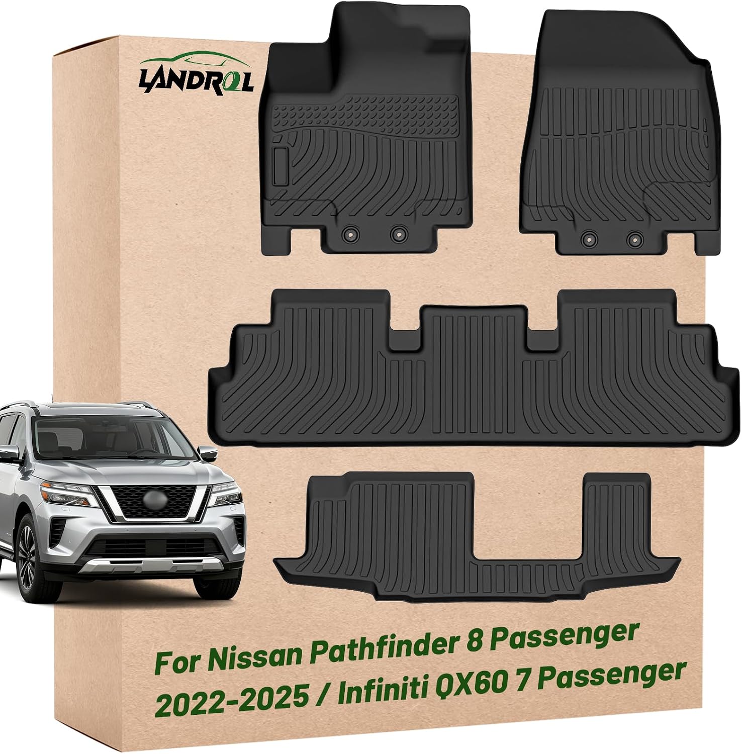 Car Floor Mats Replacement for 2022-2025 Nissan Pathfinder 8 Passenger/Infiniti QX60 7 Passenger Protection Liners Custom Fit Waterproof Durable Odorless Carpet All Weather Black