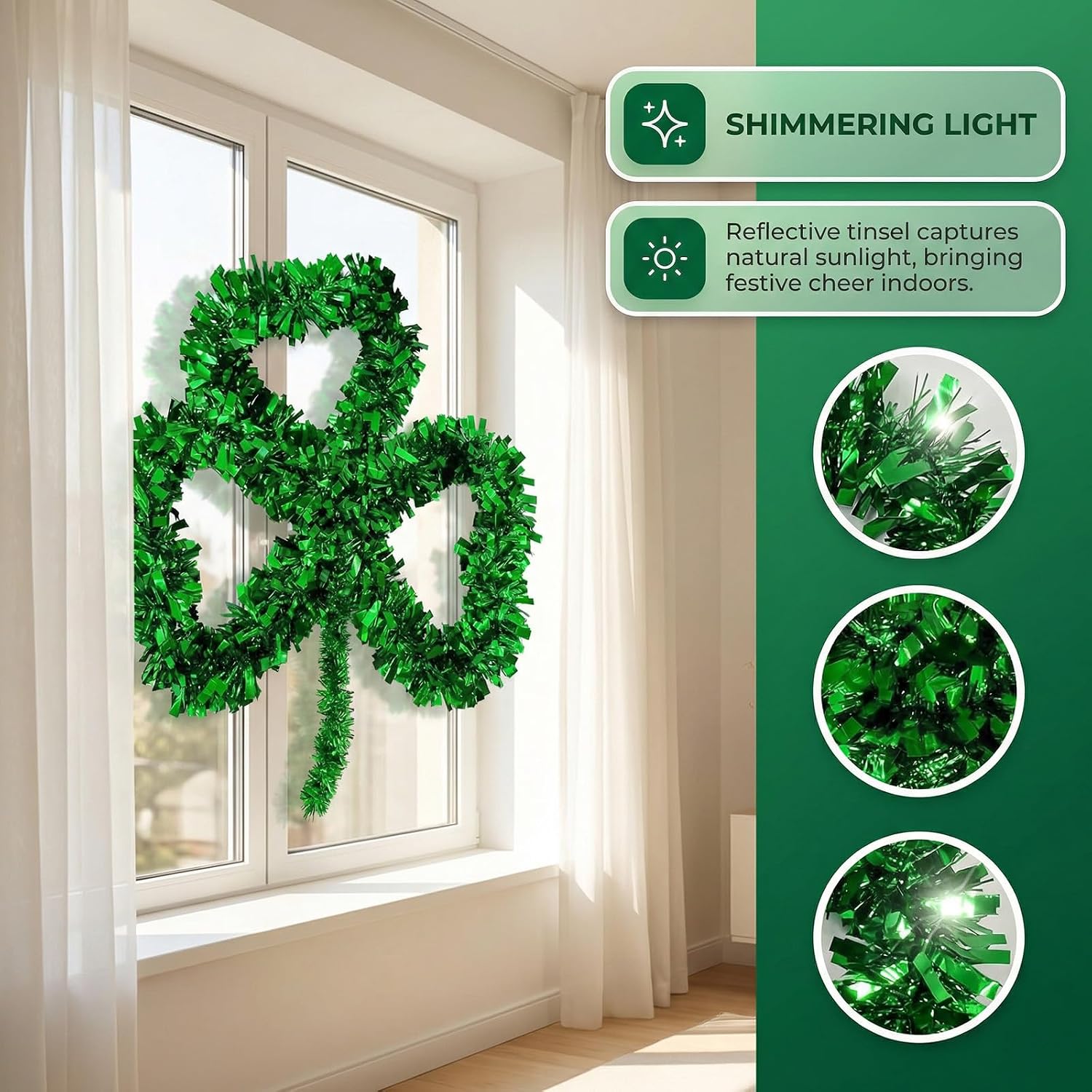 3 Pcs St. Patrick's Day Green Tinsel Garland Shamrock, Hanging Decoration for Irish Saint Patrick's Party Favor Home Window Wall Farmhouse Office Indoor Outdoor Decor 13 Inch