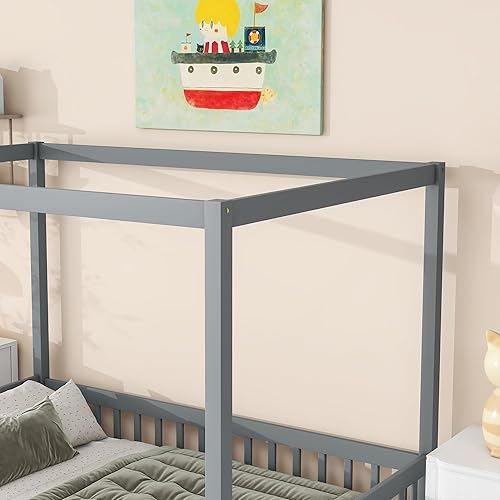 Miniatura 6 de Bellemave Marco de cama con dosel completo, cama Montessori, plataforma con dosel para niños, gris sin listones Gris sin listones,Natural con