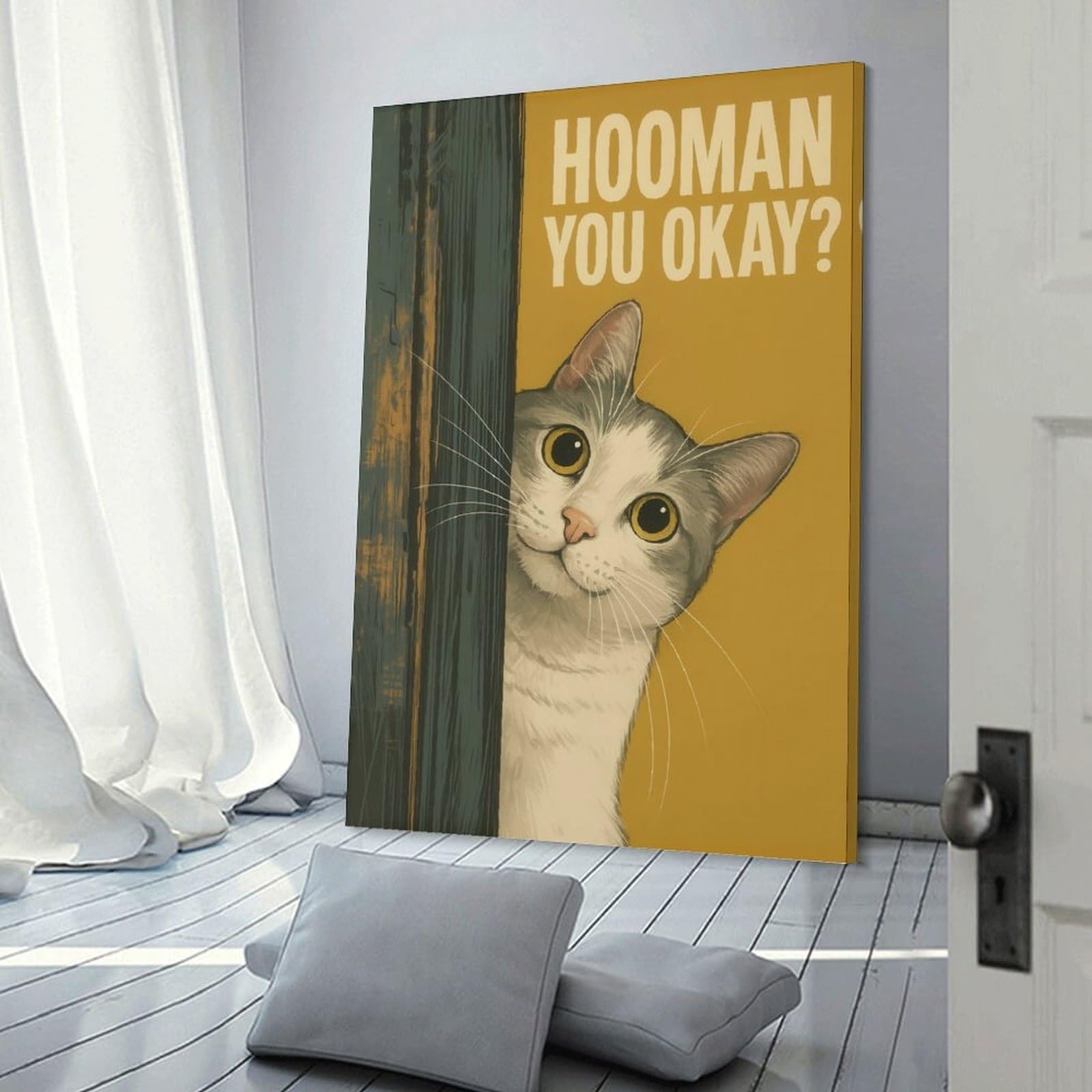 Junmoney Curious Cat Asks Hooman You Okay Bathroom Art Decorative Wall Artwork 12x18inch(30x45cm), for Living Room, Lounge Or Sitting Room, A Home Accent with Warm Character