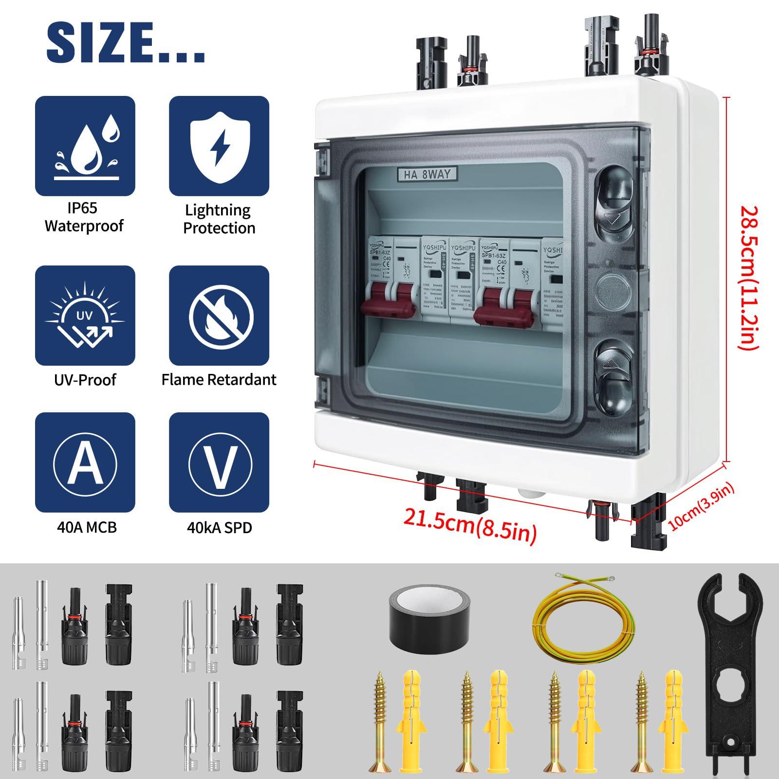 Protezione da sovratensione PV, DC 40 A/1000 V, interruttore di separazione – protezione dai fulmini IP65 impermeabile, protezione solare da tensione per fotovoltaico 2 in 2 Out