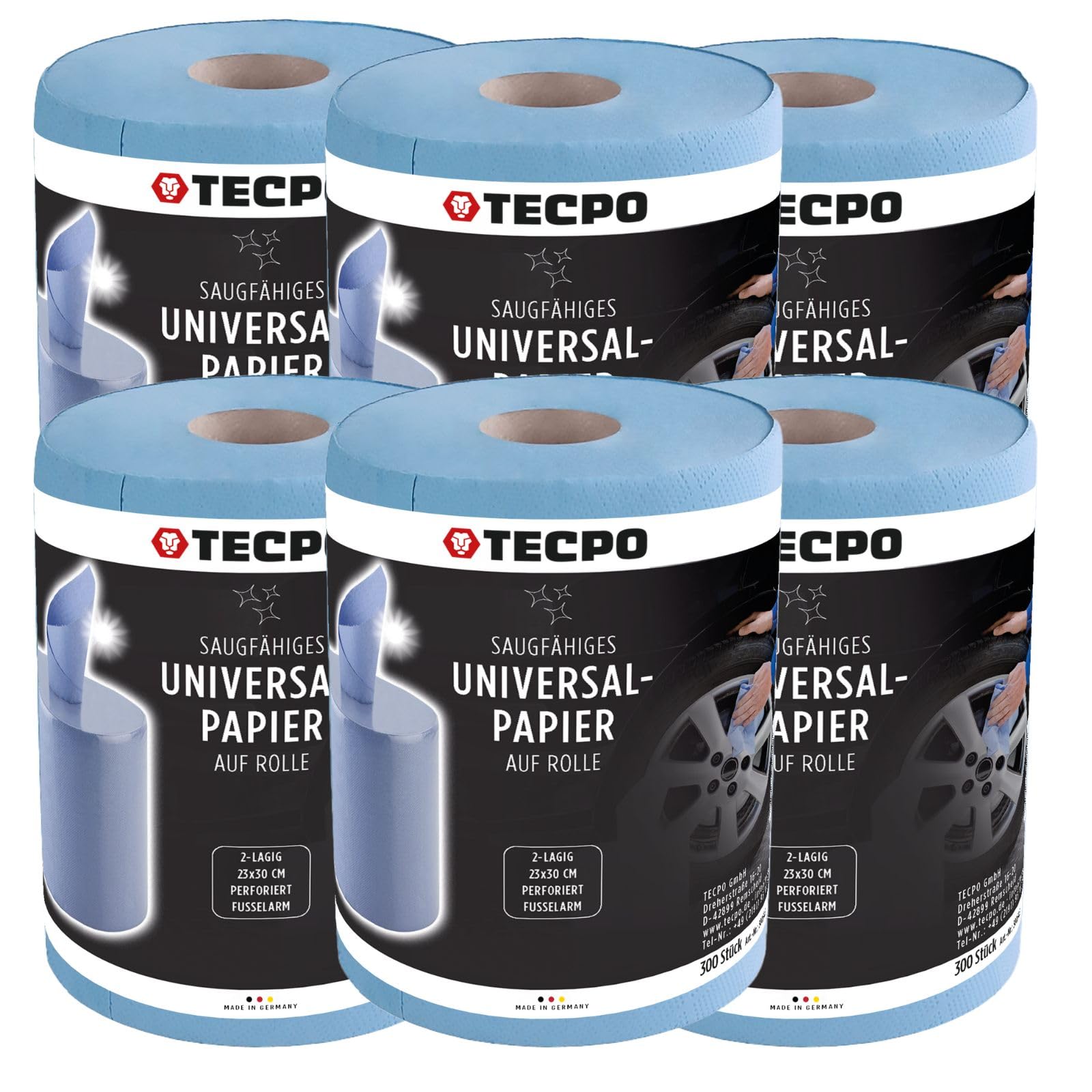 TECPO Rotolo di panno per la pulizia blu, 6 x 300 fogli, totale, 1800, 2 strati, perforato, assorbente, rotolo di carta per la pulizia