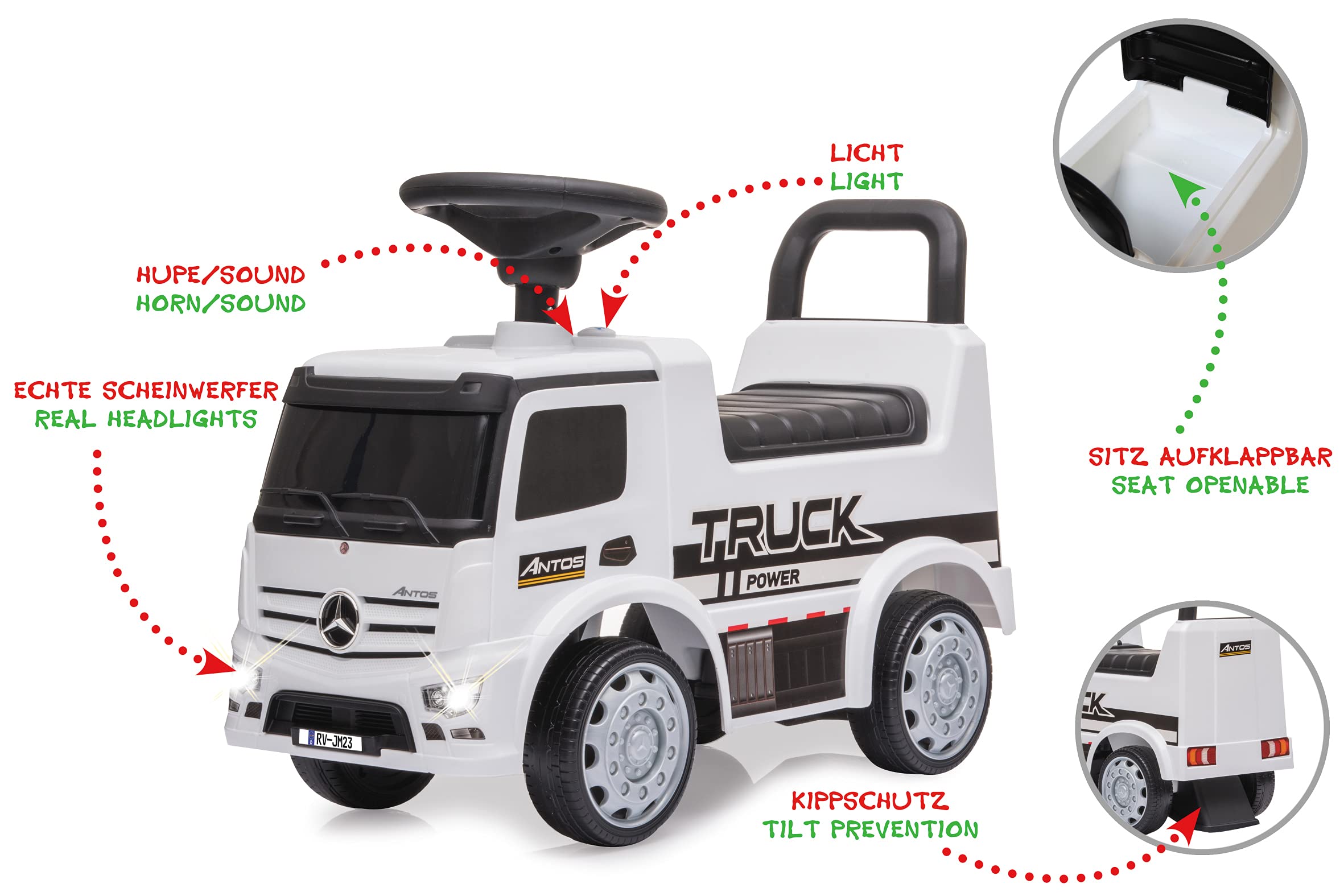 Jamara 460657 - Push-Car Mercedes-Benz Antos Bianco – Protezione Antiribaltamento, Luci LED, Spazio sotto il Sedile, Sirena, Clacson
