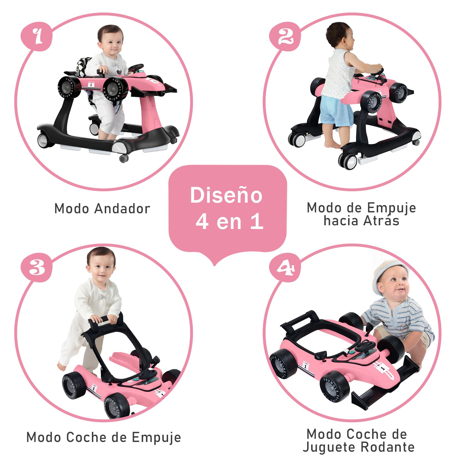 COSTWAY 4 en 1 Andador Bebes, Tacata Bebe Plegable con Altura y Velocidad Regulables, Carillón con Luces, Volante y Asiento con Cojín, Diseño Antivuelco, Caminador para Bebe de 6-18 Meses