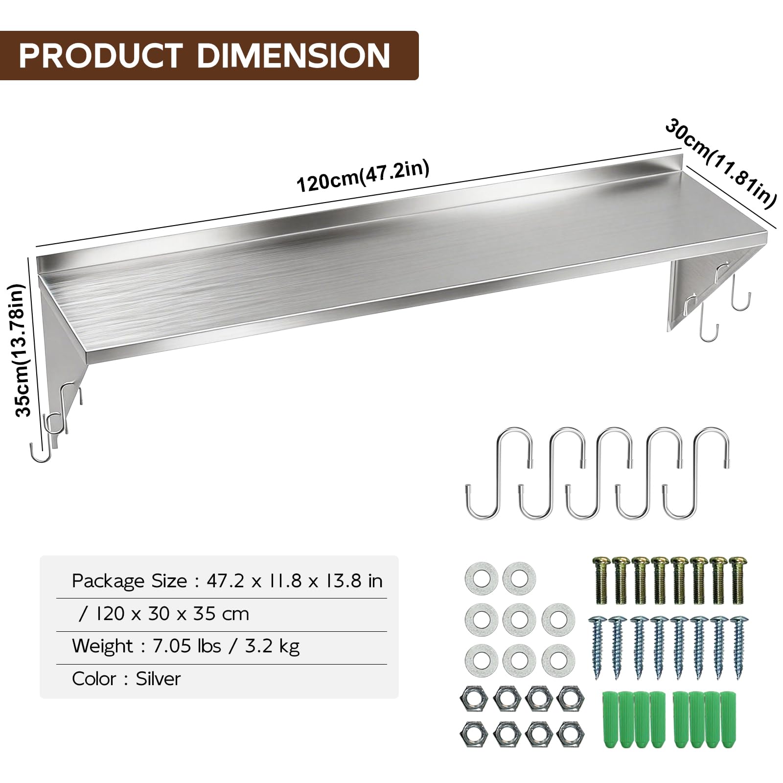 TAIMIKO Estantería de Pared de Acero Inoxidable con Barra de Ganchos,Estante de Pared con Soporte Triangular Almacenamiento de Cocina, para Gastro Libros Portarretratos Plantas Oficina Baño Cocina