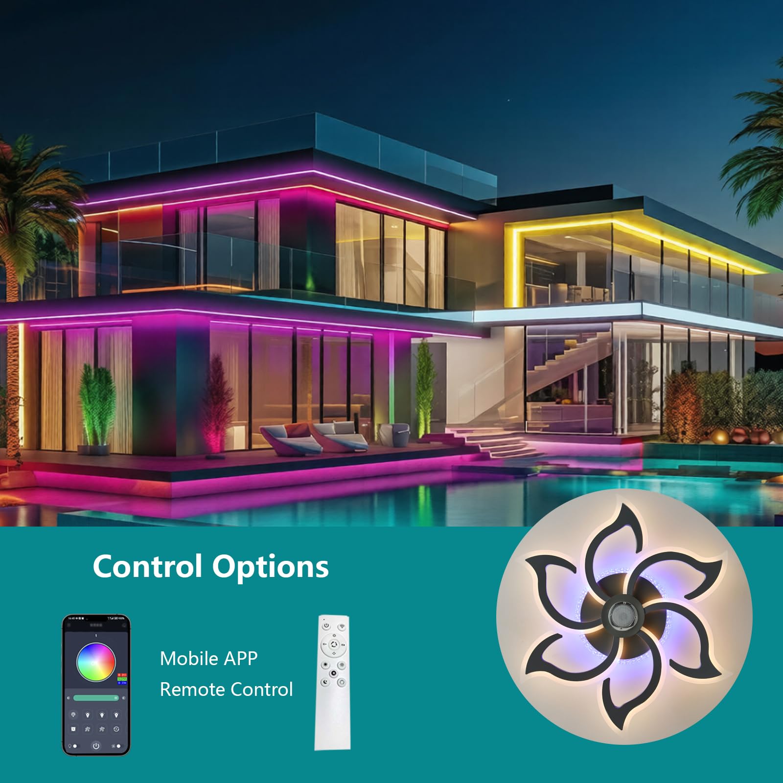 Plafoniera Soffitto RGB è Dotata di Sei Petali Lampadario Altoparlante Bluetooth Telecomando App Lampadari Dimmerabile 3 Temperature di Colore Timer Funzione di Memoria per Camere da Letto, Nero
