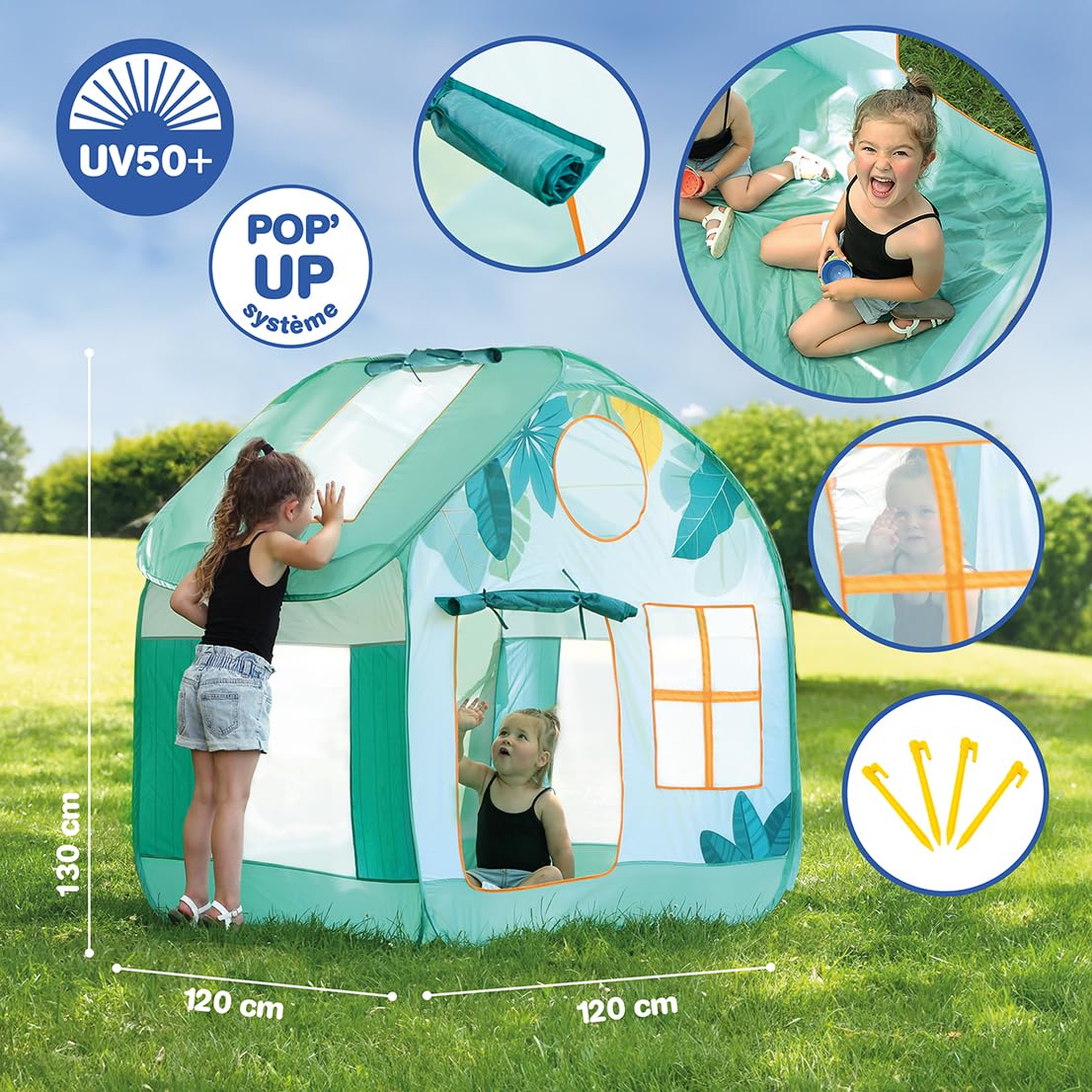 LUDI – Cottage Pop-Up Spielzelt – Outdoor Kinderzelt mit UV-Schutzdach – Belüftungsnetze – Transporttasche inklusive – 120 x 130 x 130 cm – Ab 2 Jahren