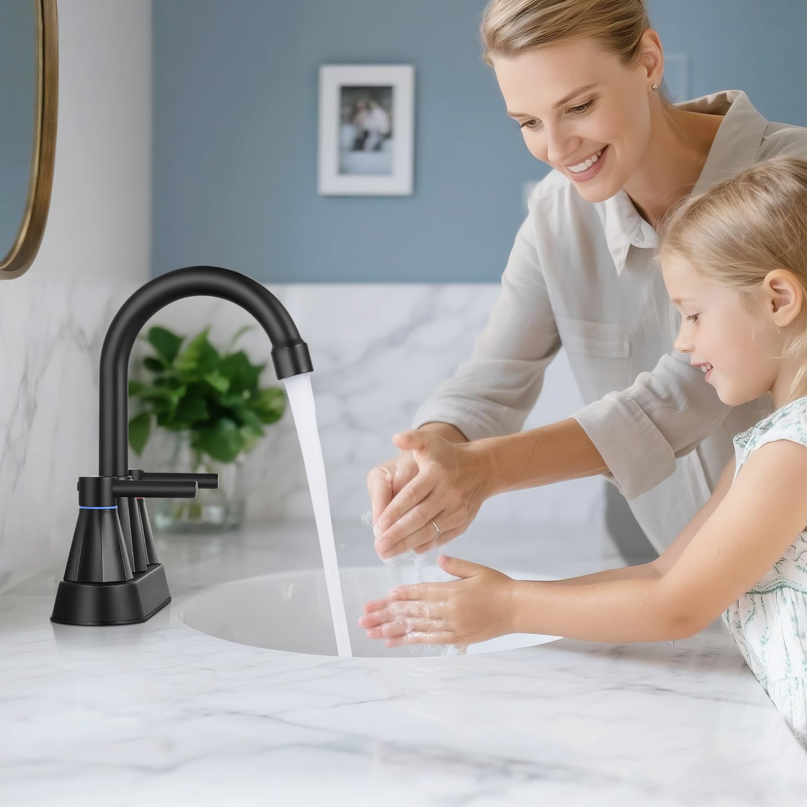 4 inches Bathroom Faucet for 3 Hole 2-Handle Bathroom Sink Faucets with Pop Up Drain Matte Black — view 3