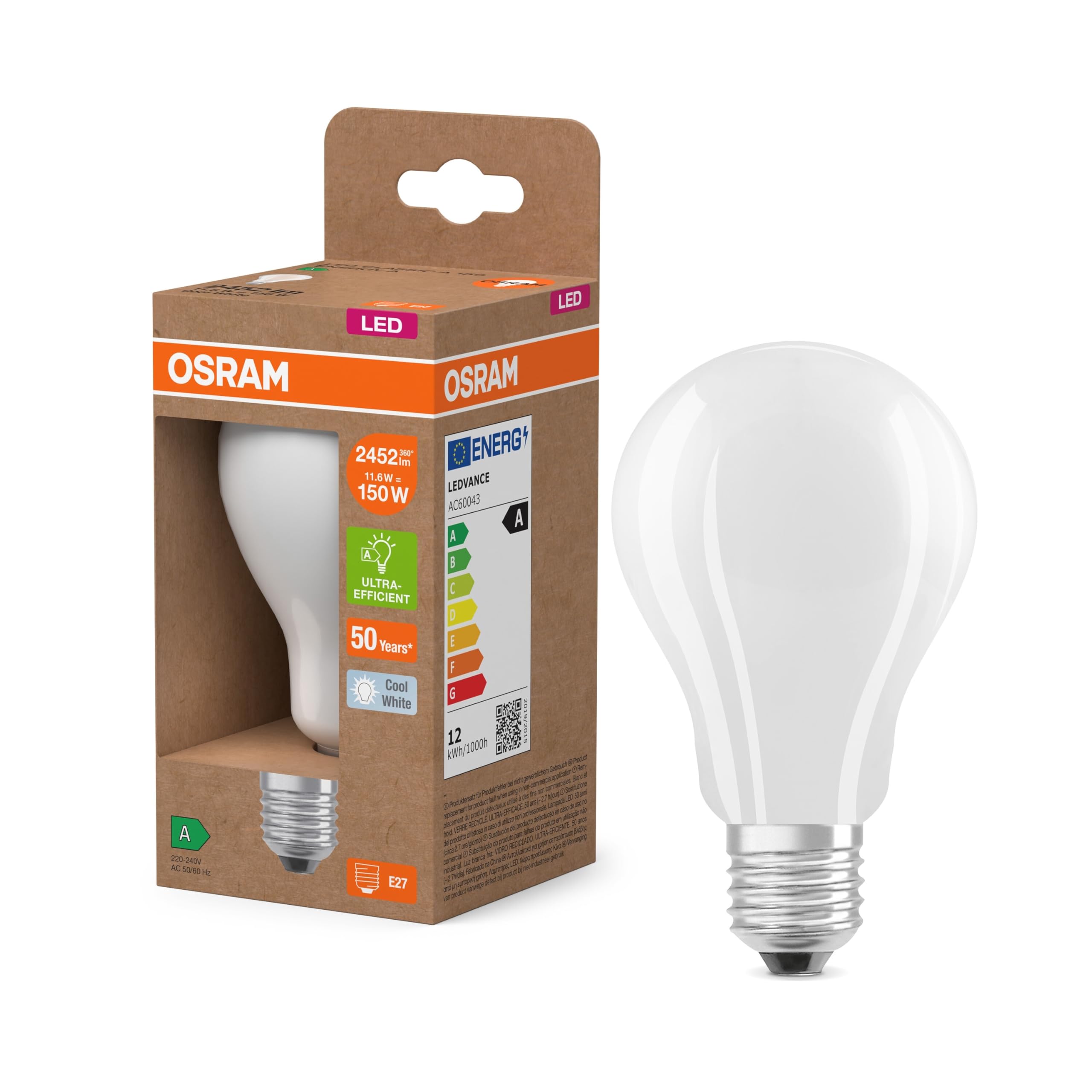 OSRAM Classic mini Candle Shape, with Decorative LED Filament, Energy Efficiency Class A, E14, 1.2 W, 255 lm, 4000 K, Cool White, Without Heating, Pack of 6