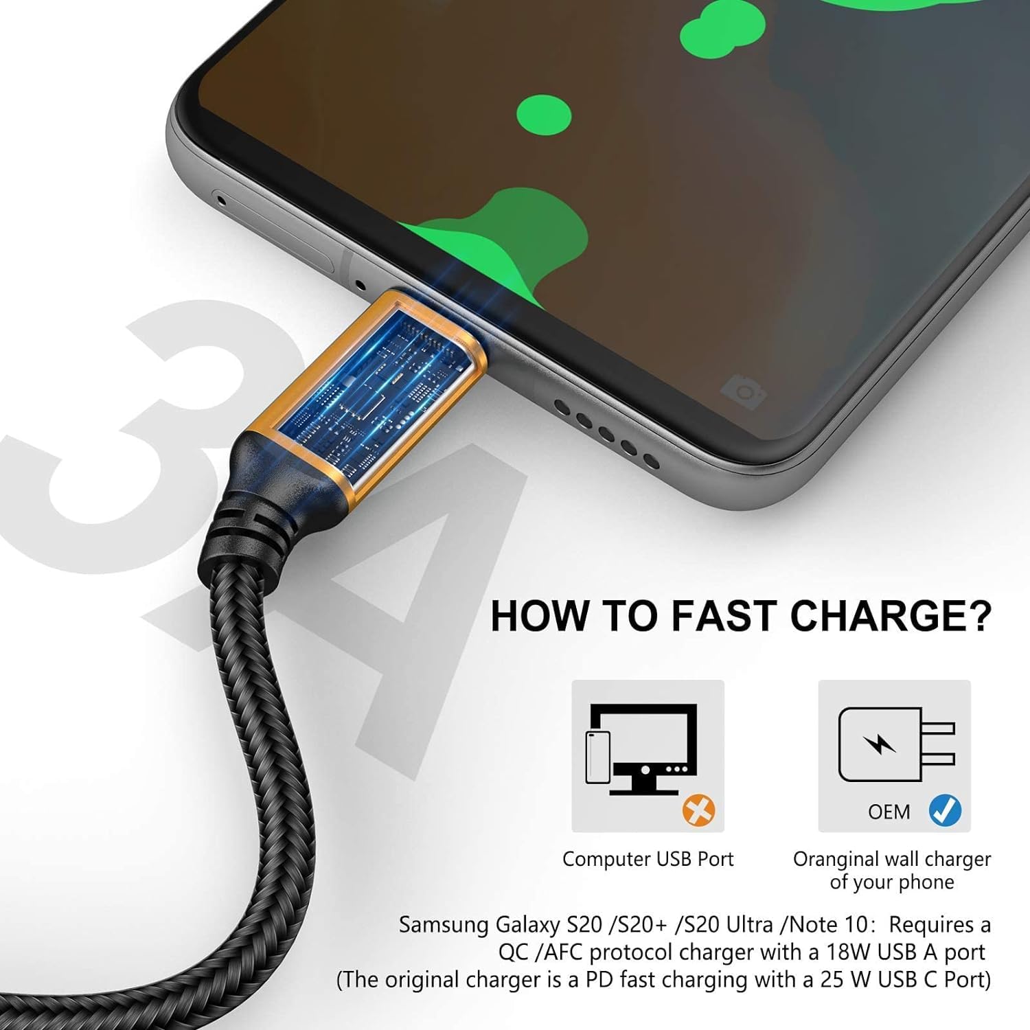 SMALLElectric Cable USB tipo C, paquete de 5 cables de carga rápida USB tipo A a C para Galaxy S20, S10, S9, S8 Plus, cable trenzado de carga rápida para Note 10, 9, 8, LG V50, V40, G8, G7, (dorado)