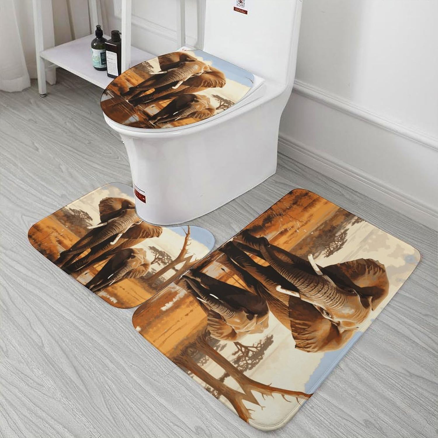 Anti-Skid Floor Mats 3 Piece Set,Elephant Family Printed Coral Fleece Bathroom Mats U-Shaped Contour Mat Toilet Seat Cover for Bathroom, Tub, Shower, Kitchen 19.7"x31.5"