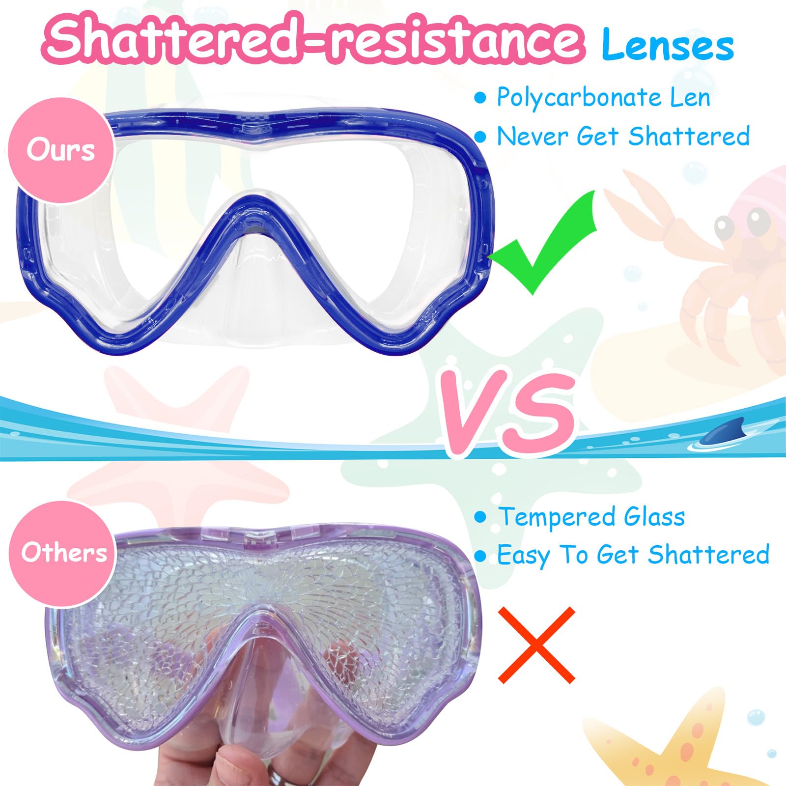 Vvinca Gafas para niños con Cubierta de Nariz, máscara de Buceo, Correa de Tela elástica, antivaho, Lentes inastillables para niños de 3 a 14 años