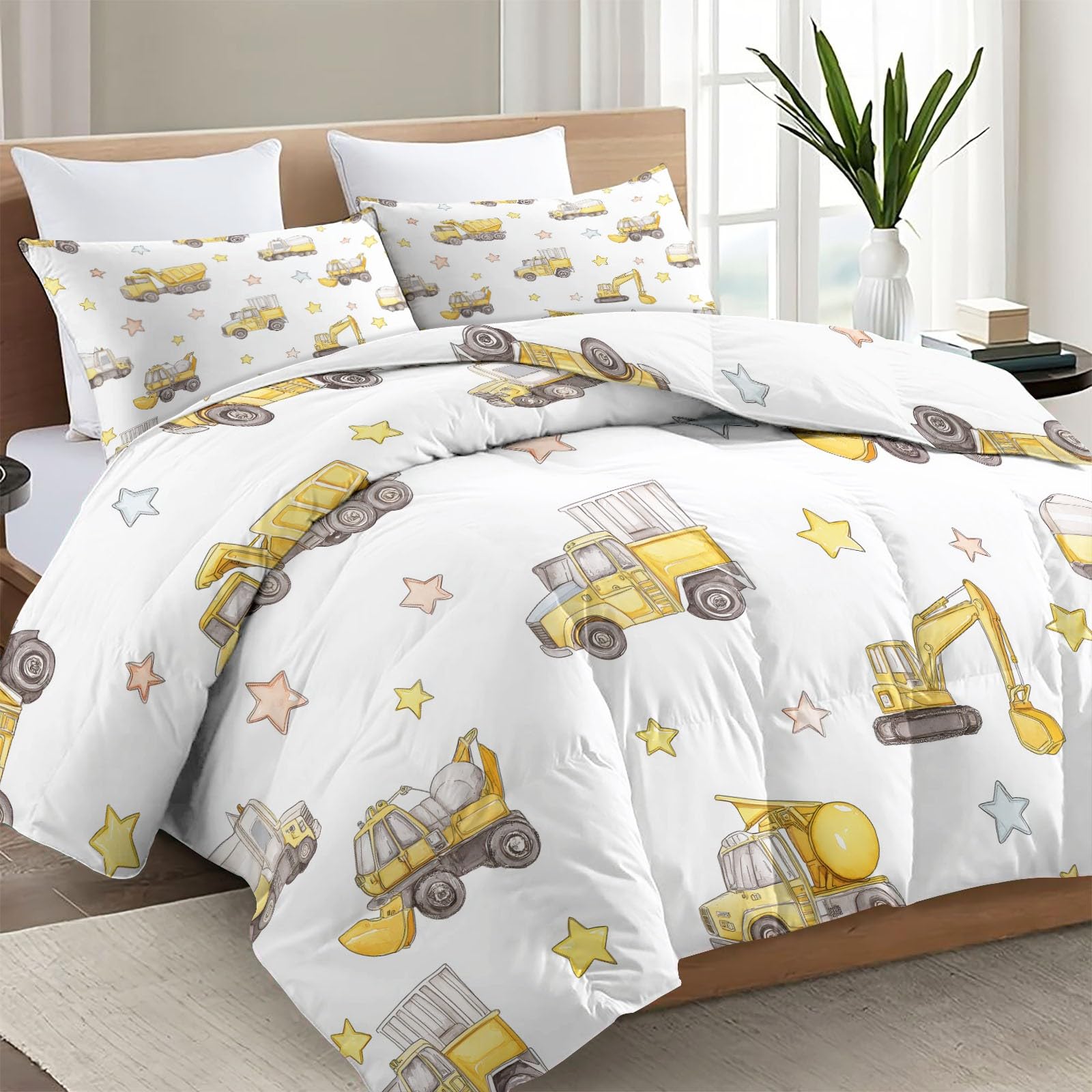 Colcha 200 x 200 cm Cubrecama Ligera Fina Entretiempo Extra Suave Camión Construcción & Estrellas Transpirable de Cama de Colchas Acolchadas de Microfibra Colcha a con NiñosAmarillo