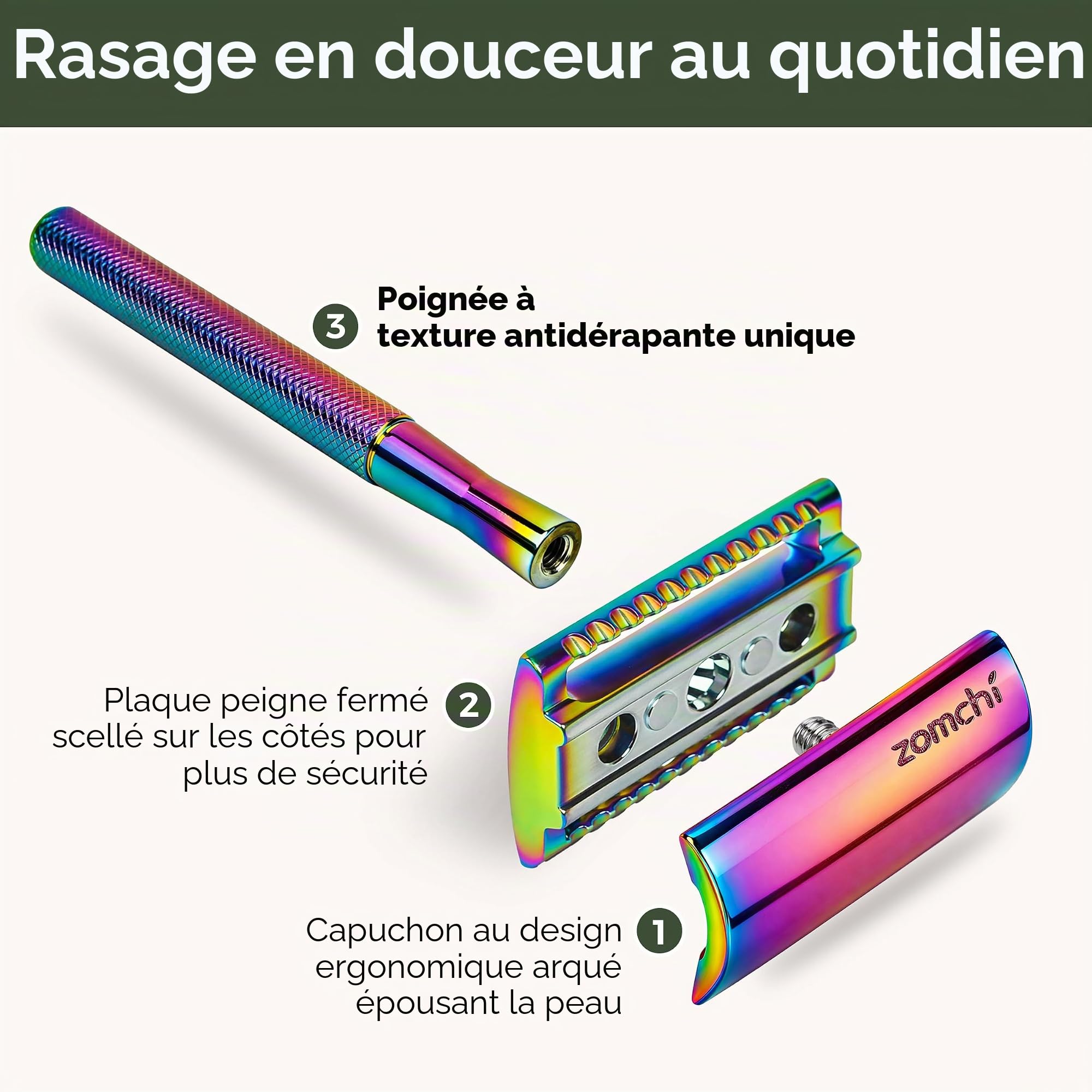 ZOMCHI Rasoir de sécurité pour femme, rasoir de sécurité à 10 lames, rasoir pour femme avec boîte délicate, sans plastique (rasoir arc-en-ciel sur pied)
