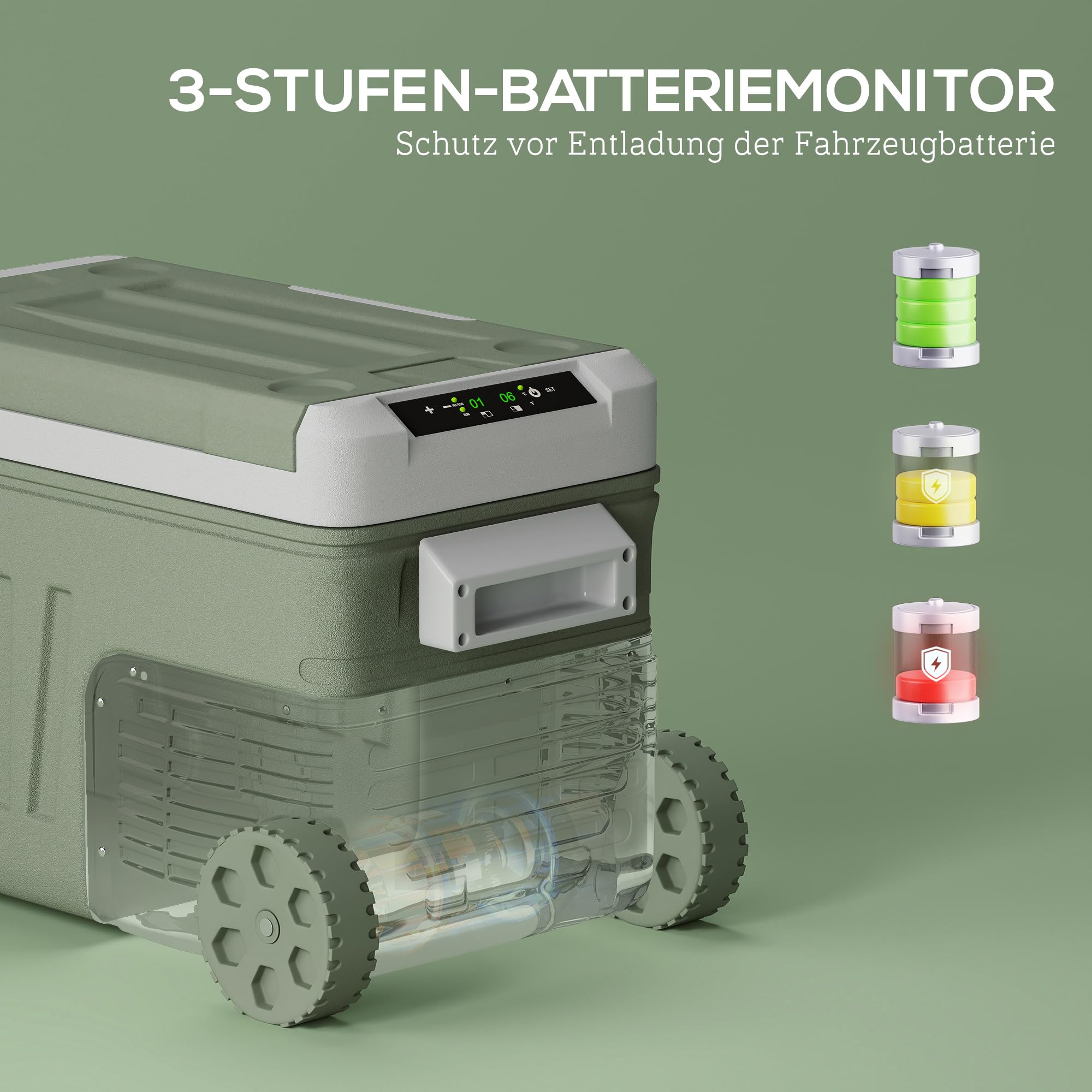 Outsunny 33 Liter Kompressor Kühlbox Leiser Elektrisch bis -20℃ Rolle Grün | Mini Kühlschrank, Kühlbox mit LED, Kühlfunktion, Gefrierbox, Thermobox, 12/230 Volt, für Auto LKW Camping Boot Reisen