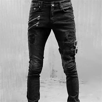 Men's Skinny Ripped Distressed Denim Pants Punk Gothic Mid Waist Jeans Trousers Zipper Slim Fit Moto Biker Jeans