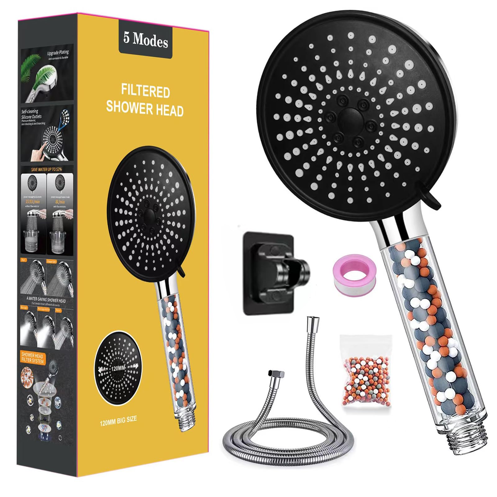 Handheld Shower Head Set, High Pressure Filtered Shower Head with Hand Held, Showerhead with 5 Spray Setting Modes Bathroom Spa, Massage Filtration to Reduce Hair Loss, Dry Skin Ideal for Hard Water