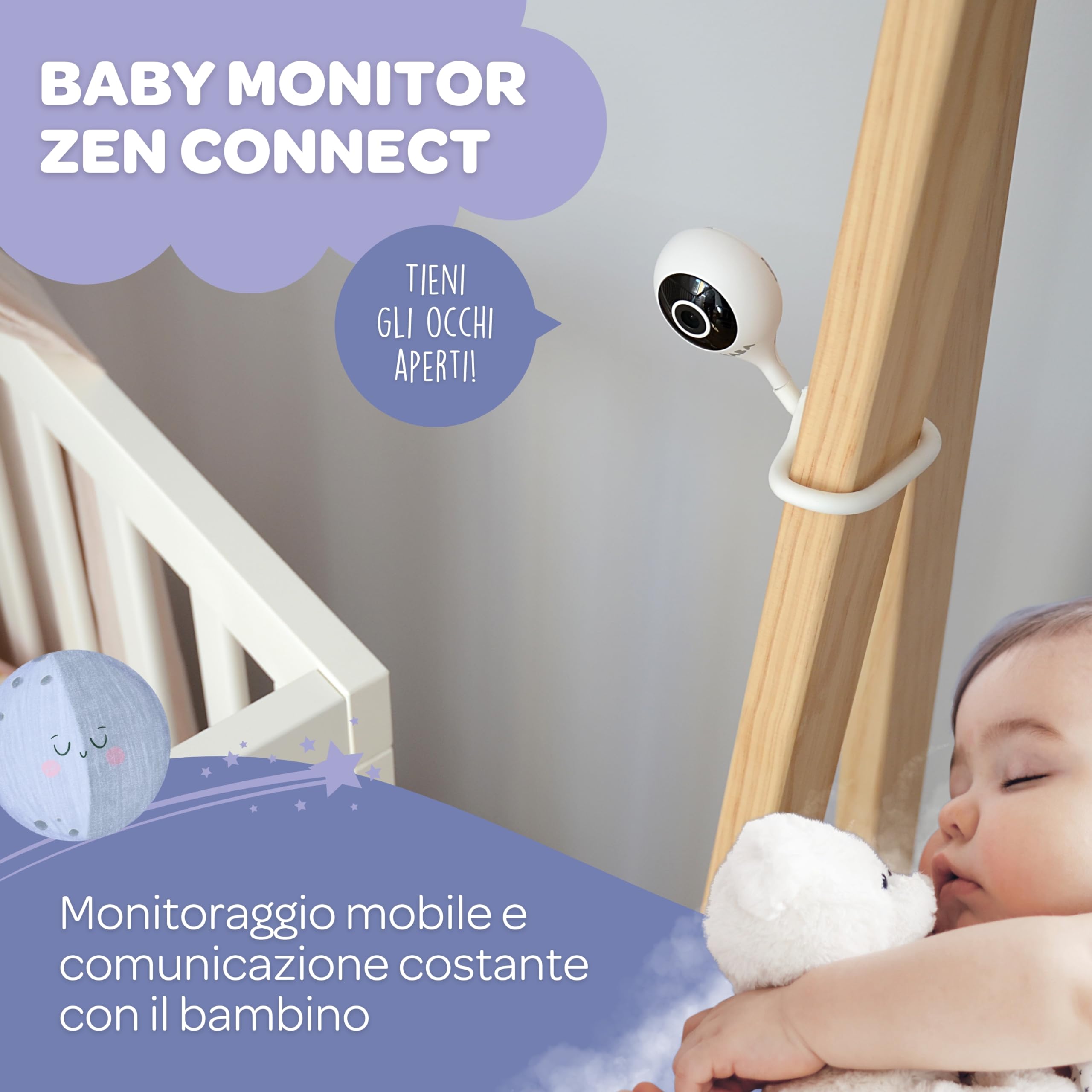 BÉABA - Babyphone Zen Connect, Baby Monitor, Videocamera Full HD 1090p, Walkie-Talkie, Portata Elevata, Connessione Smartphone e Wi-Fi, Ninnananna, Asta Flessibile, Bianco