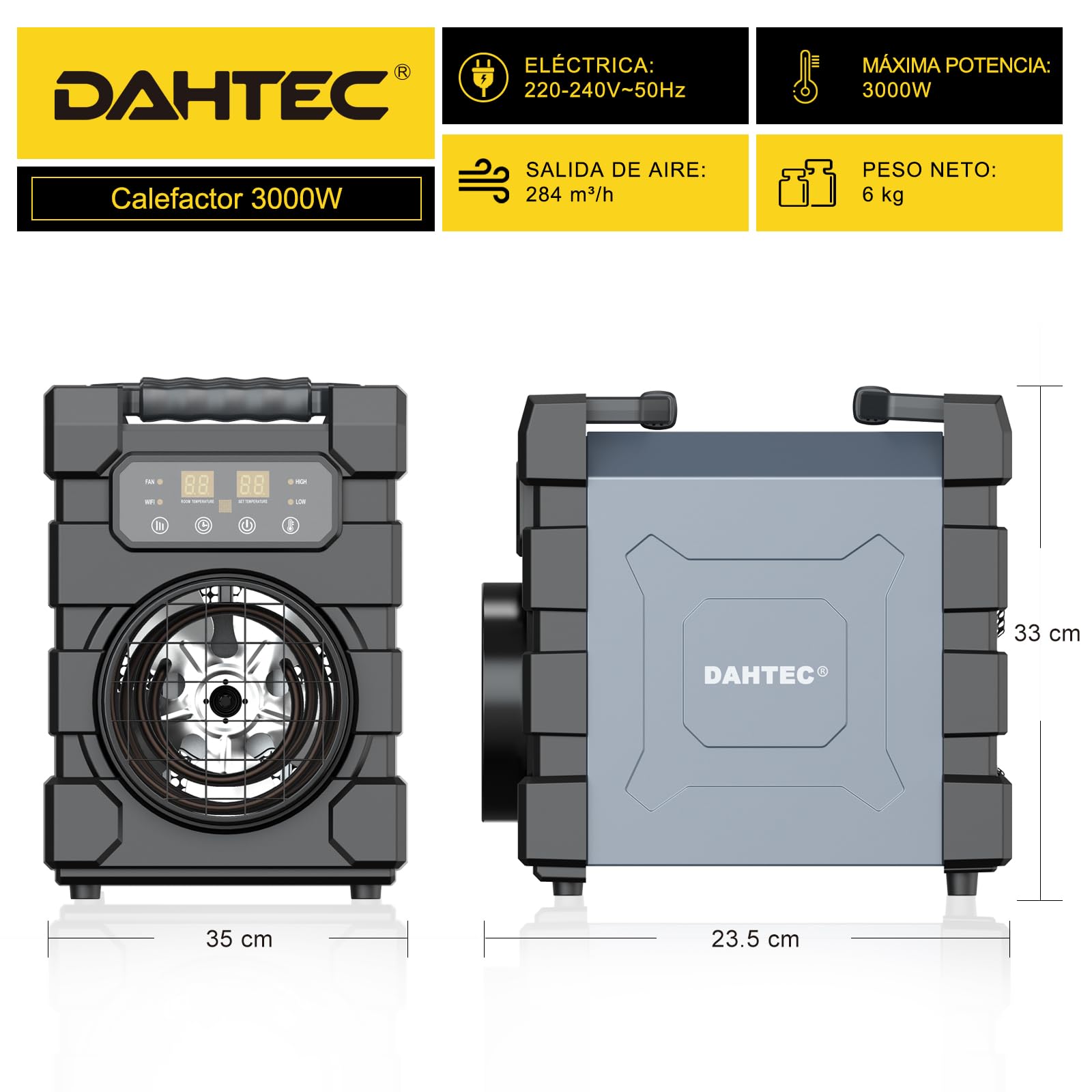 Calefactor Profesional 3000W - ECO & Carcasa Robusta - Wifi, Control Remoto Inalámbrico & Visualización Digital - Calentador Aire Caliente - Apto para Hogares, Tallers