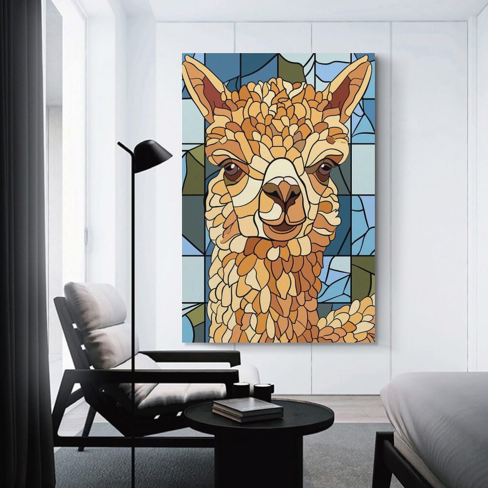 Junmoney Unframe-Style-14-1 Stained Glass Alpaca Portrait Wall Picture Print 20X30inch(50X75cm), For Lounge Decor, Offices Or Entryway Styling, Versatile Wall Decor For Many Rooms
