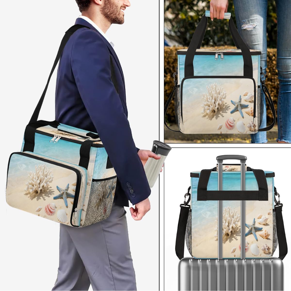 Beach Decor Portable Coffee Maker Carrying Bag Compatible with Keurig K-Mini or K-Mini Plus - Travel Storage Tote with K-Cup Pod Pockets for Single Serve Coffee Brewer