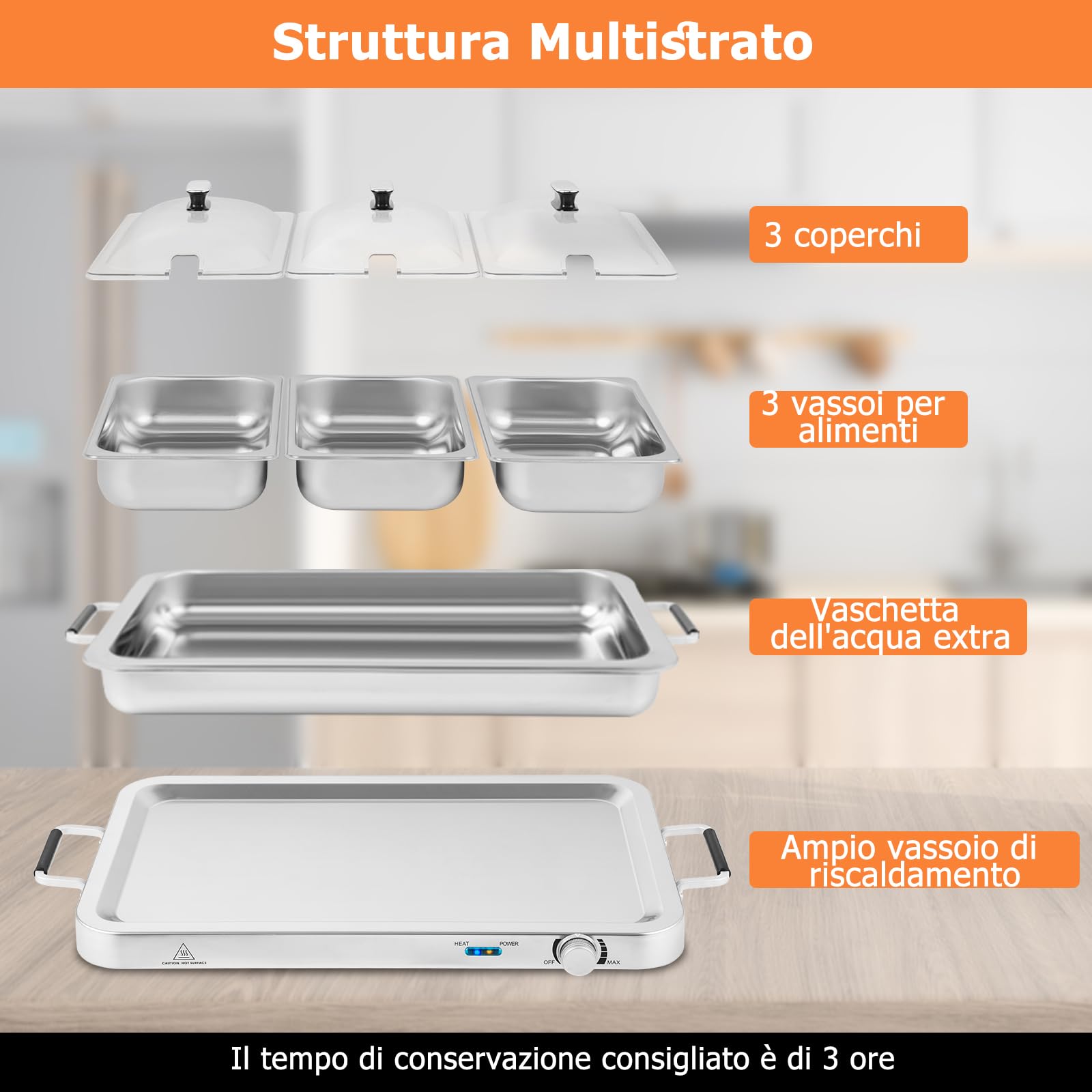 GYMAX Vassoio per Buffet Elettrico, Scaldavivande 2-in-1 con 3 Coperchi e 8 Vassoi in Acciaio Inox da 8 L, Borsa da Trasporto, Piastra Riscaldante Portatile con Controllo di Temperatura per Feste