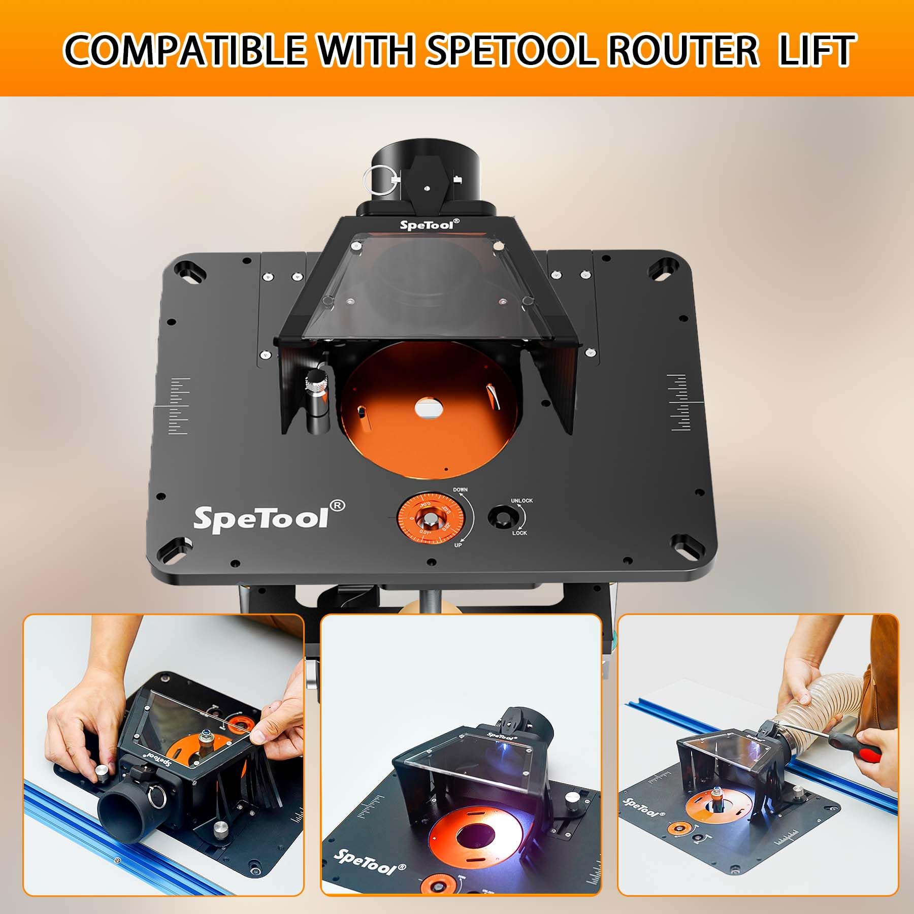 SpeTool Placa de mesa de enrutador colector de polvo con puerto OD de 2.5 pulgadas para manguera de recogida, ventana acrílica transparente con luz LED visibilidad clara, agujeros de taladro para
