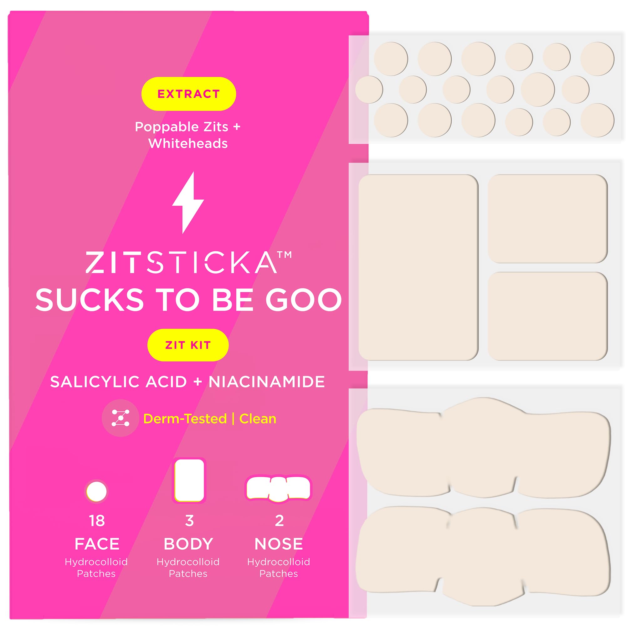 ZitSticka Pimple Patches for Face and Body, Goo Getter Hydrocolloid Patches to Cover Zits & Blemishes, Acne Patches or Zit Spot Stickers, Body Blemish