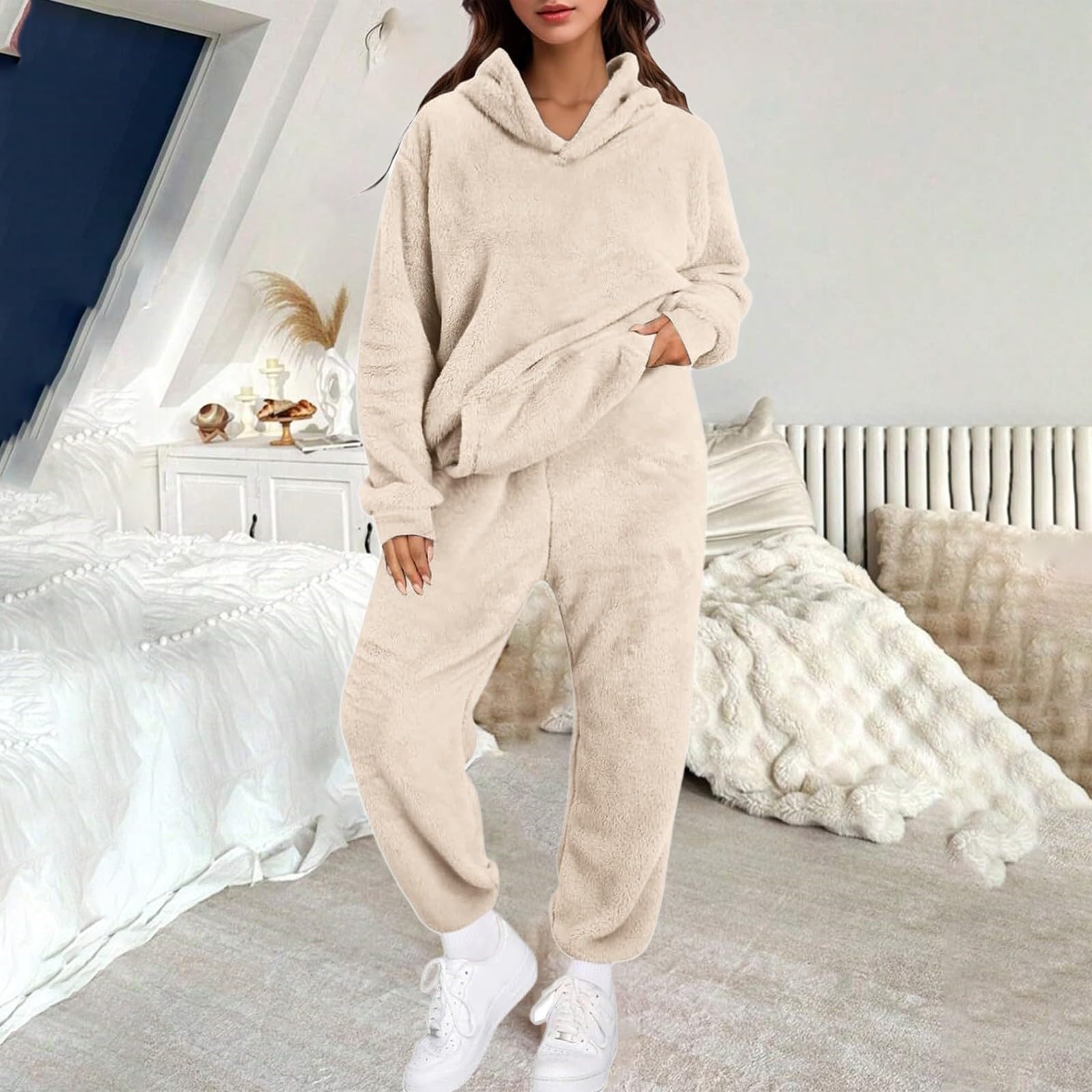 Completo da Donna in Due Pezzi per La Casa, con Cappuccio, Maniche Lunghe, E Pantaloni Casual, Tinta Unita, Autunno Inverno Pigiami Aperti Davanti Invernali Pigiama Estivo Aperto Pajamas