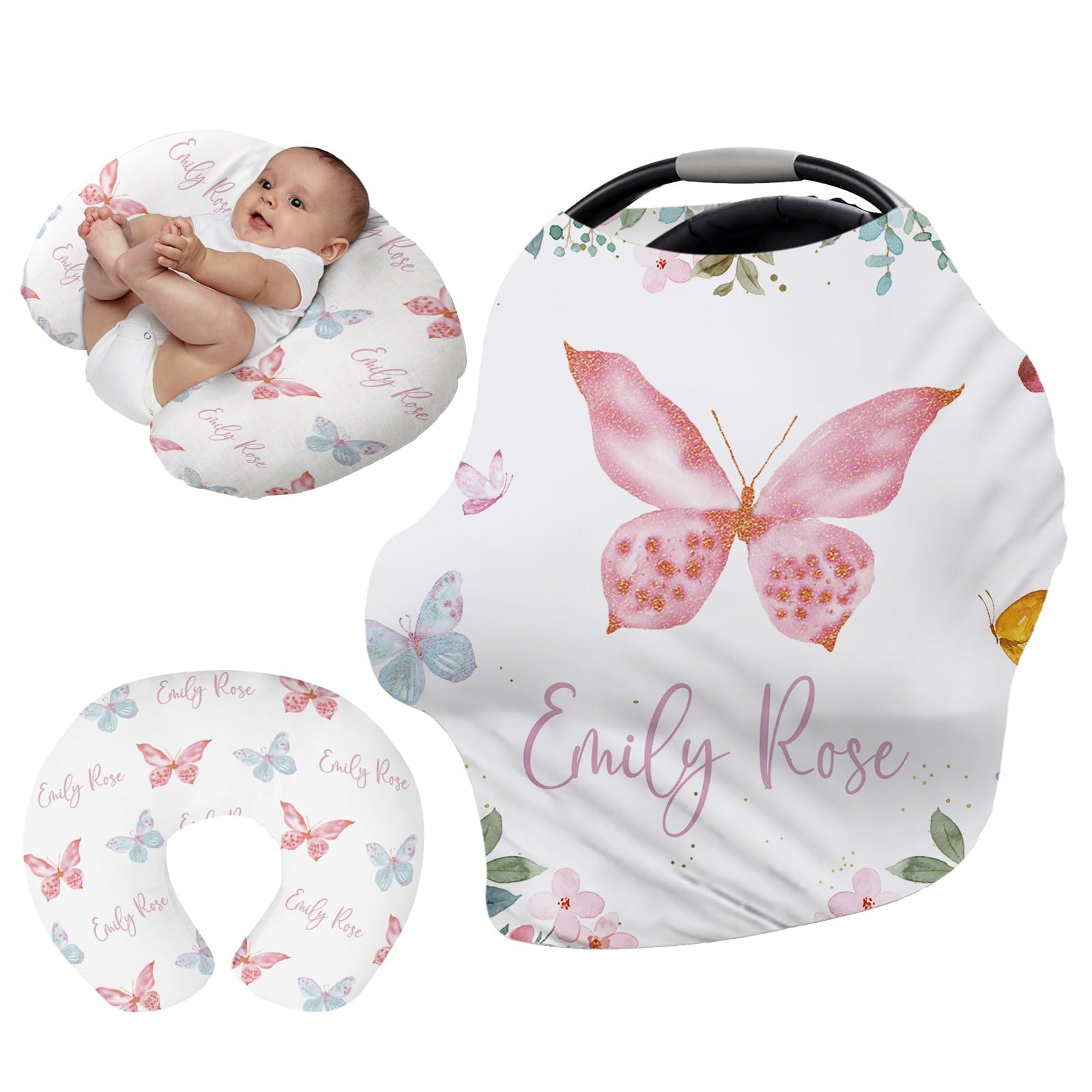 Personalised Car Seat Cover for Babies - Pink Butterfly Print Multi-use Carseat Canopy Cover with Name, Car Seat Covers, Christmas Birthday Gifts for Infant Boys and Girls(27