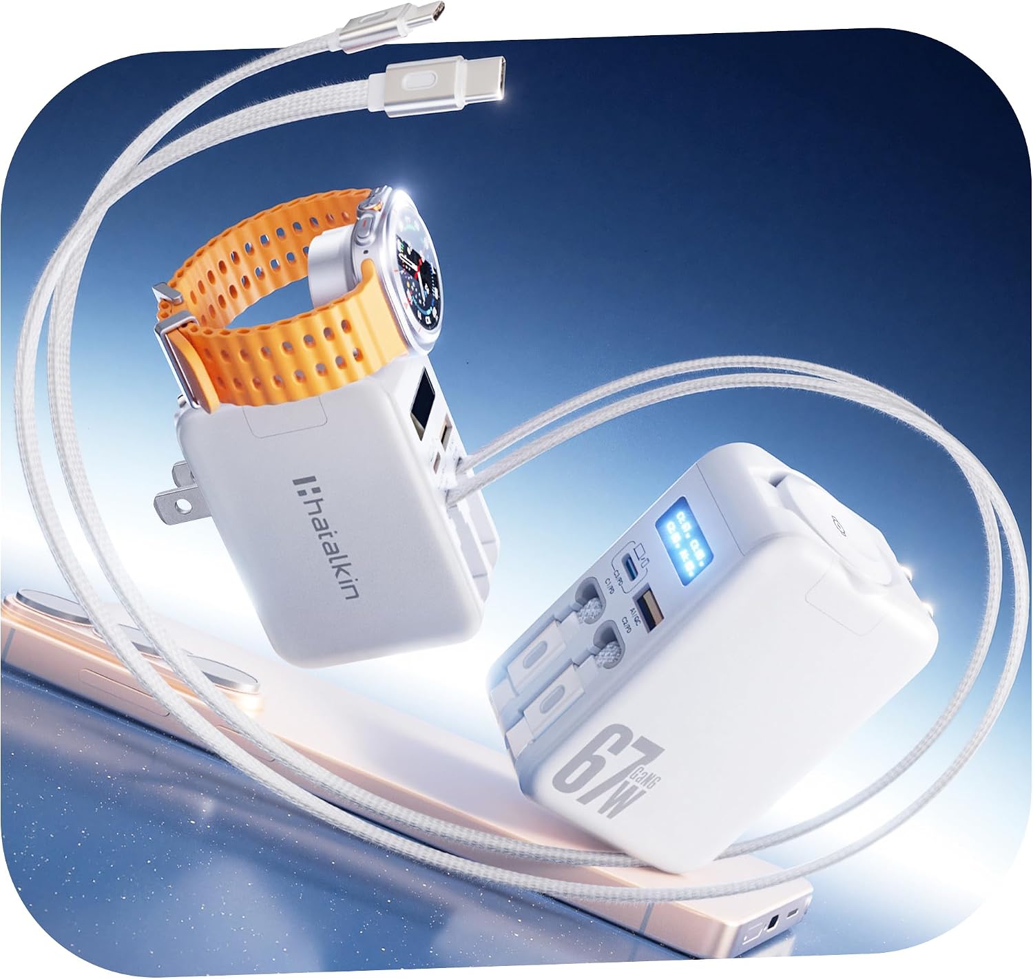 5 in 1 Retractable Wall Charger for Galaxy Watch, 67W Retractable Charger for Samsung Fast Charger, Foldable & LED Digital Display, Gan Charging for Galaxy S26/25/24, iPhone, MacBook Pro, iPad, Pixel