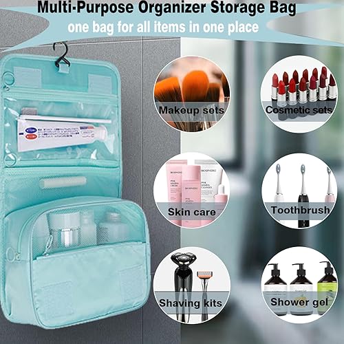 Miniatura 6 de L&FY Neceser de viaje colgante para mujer, organizador de cosméticos, bolsa de maquillaje, kits de Dopp para hombre con asa, Azul (Ice Blue), A la