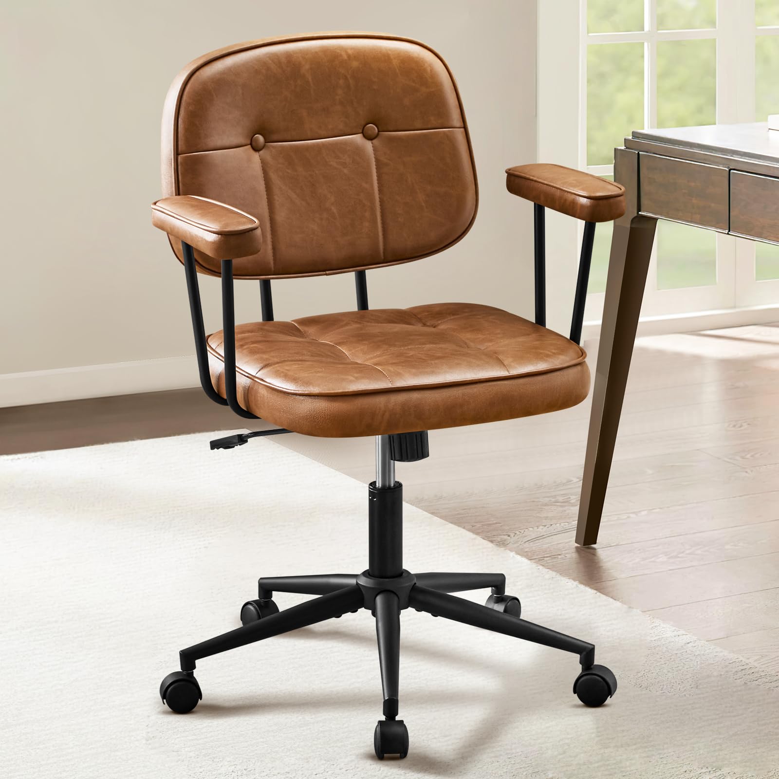 Hellove Schreibtischstuhl Bürostuhl Ergonomisch mit Armlehnen PU Leder 360° Drehstuhl Höhenverstellbarer Computerstuhl für Arbeitszimmer Homeoffice Büro Wohnzimmer Schlafzimmer, Braun