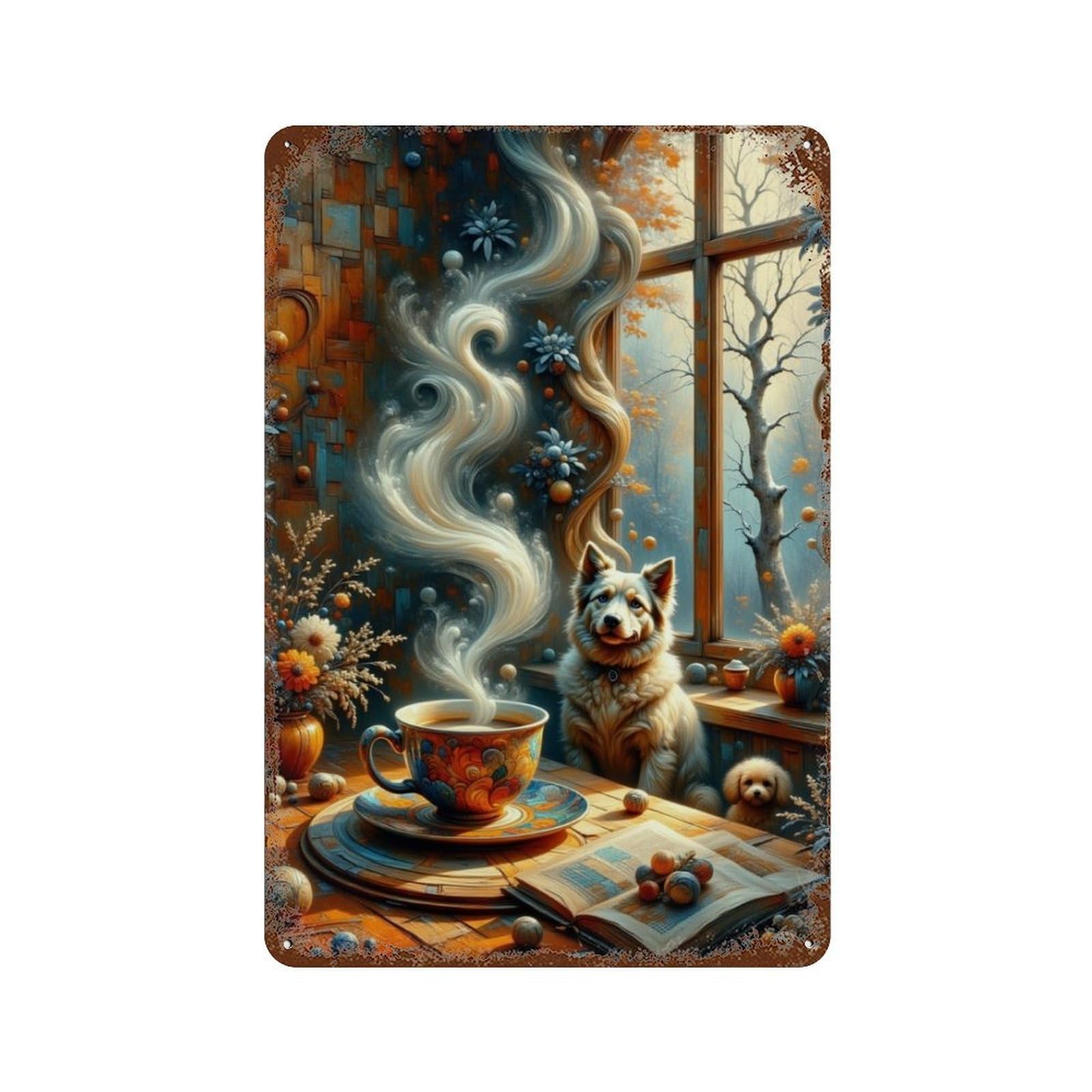 Cozy Coffee Moment with Puppies Vintage Metal Tin Sign 11.8"x7.9", Ideal for Living Room, Hallway And Home Decor
