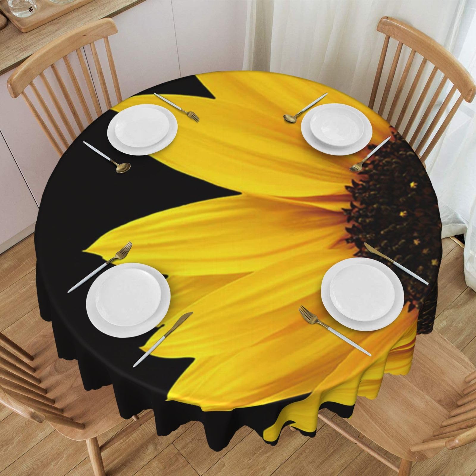 DCEHGEW 60 In Round Tablecloth with Lace, Wild Flower Sunflower Printed Oilproof & Washable Fabric Picnic Table Cloth Table Covers