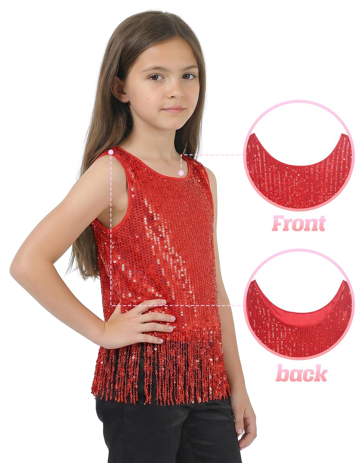 Noomelfish Crop-Top für Mädchen, Pailletten, Fransen, Quaste, glitzernd, ärmellos, Tank-Shirt (5–12 Jahre)