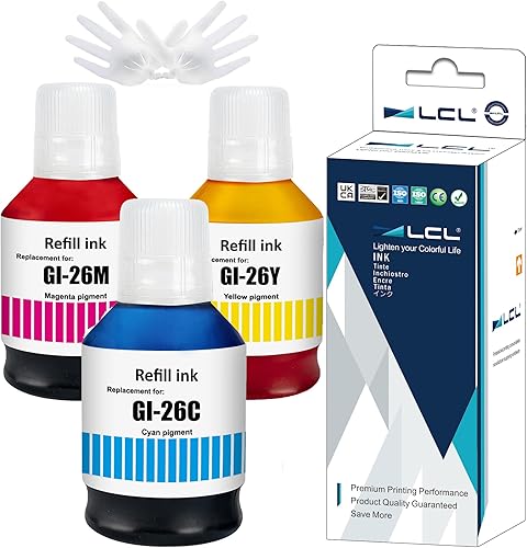 LCL Repuesto de botella de tinta compatible para Canon GI26 GI-26 GI-26C GI-26M GI-26Y MAXIFY GX6020 GX7020 GX3020 GX4020 GX5020 (paquete de 3,