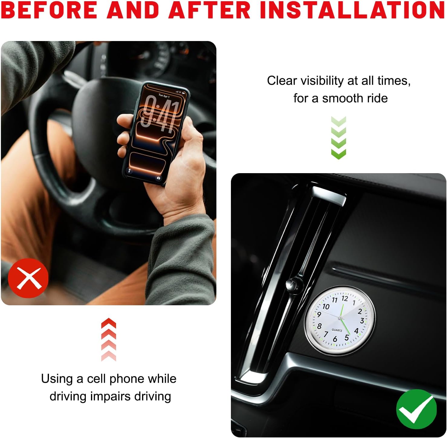 2 PCS Stick on Dashboard Car Clock, 1.6 Inch Luminous Auto Vent Mini Analog Clocks Interior Accessories, Self-Adhesive Dash Tiny Clocks for Car Motorcycle Boat Bike Home (Black+White)
