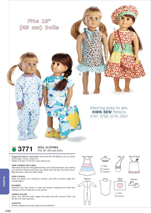 Kwik Sew K3771 Doll Clothes Sewing Pattern, Size Fits 18-Inch Dolls