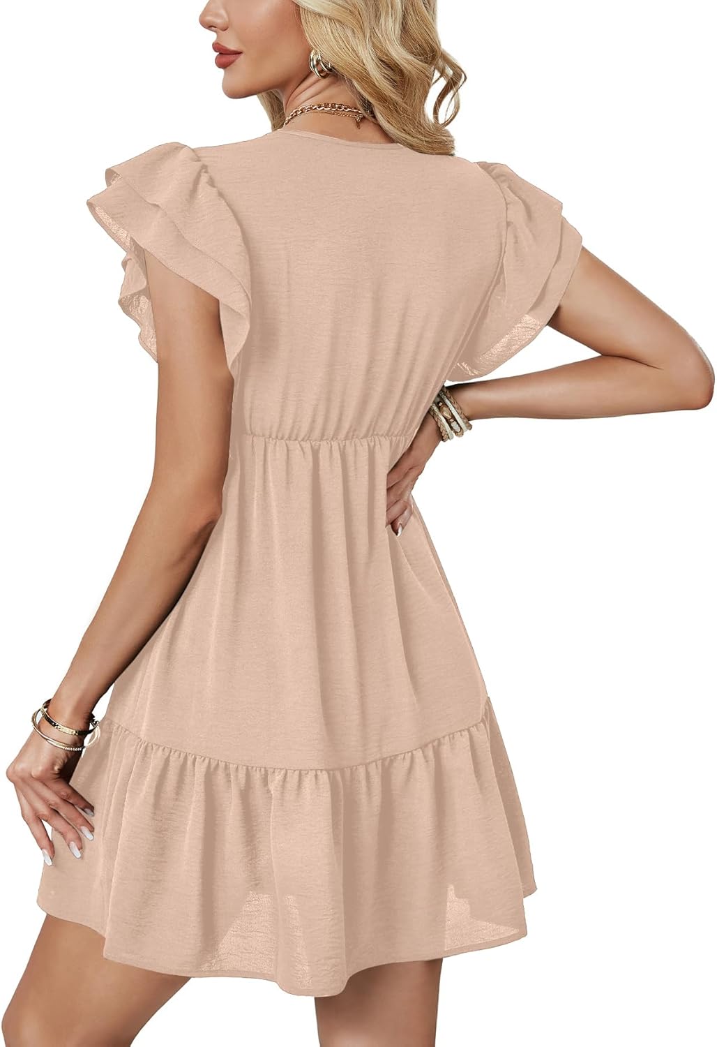 LYANER Women's Deep V Neck Ruffle Short Sleeve A Line Swing Flared Cocktail Party Mini Dress - Image 5