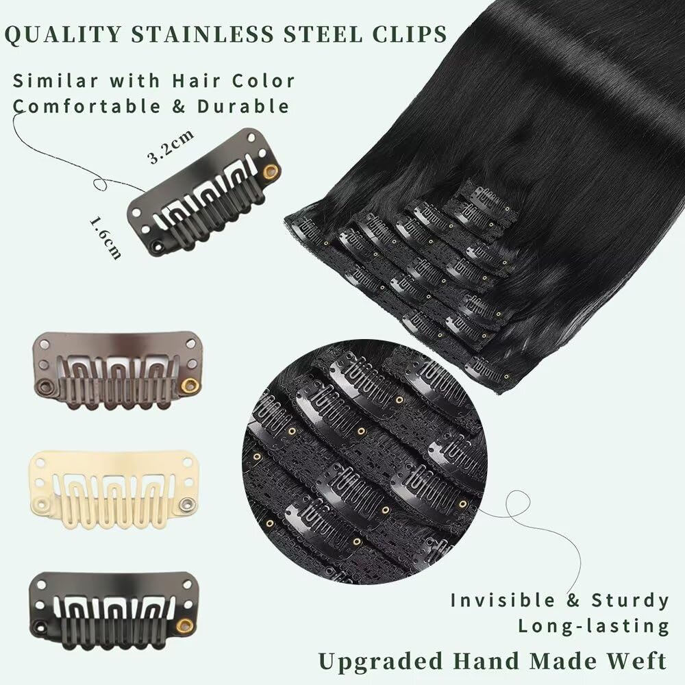 GUDOZO Clip in Extensions Human Hair 7pcs 30cm 80g Jet Black Invisible Human Hair Extensions Clip In Extensions Clip In Skin Weft Hair Extensions Human Hair (12Inch,1#)