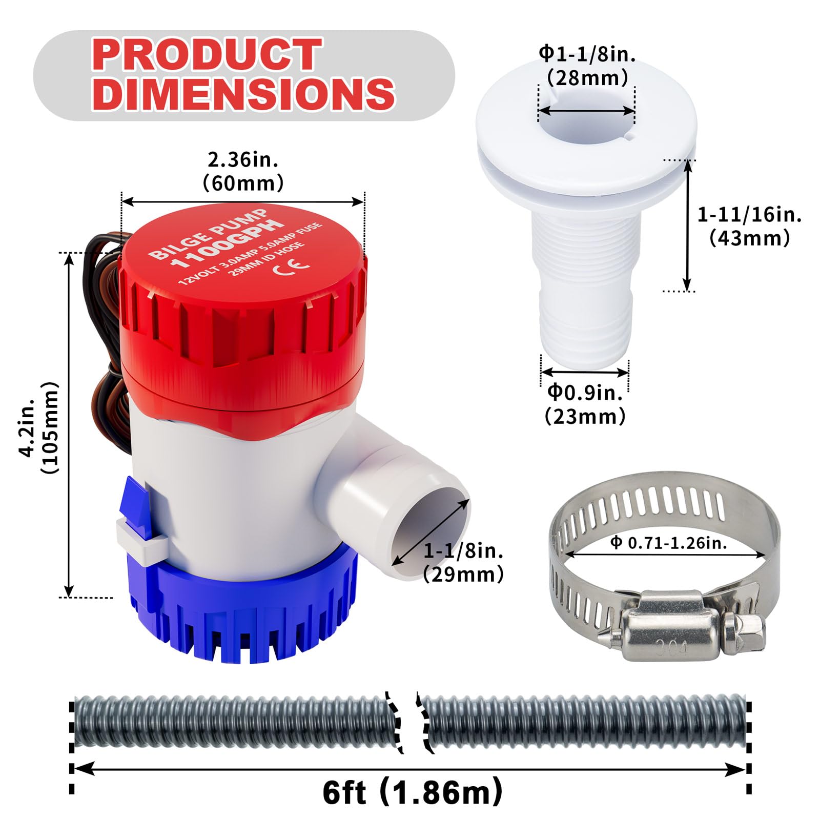 Sanuke 1-1/8 Inch Boat Bilge Pumping Kit, 1100gph Bilge Marine 12V Water Pump with 6 FT Kink-free PVC Hose, 2 Clamps and Thru-Hull Fitting, Submersible Bilge Pumps for Boats Kayak Cruisers