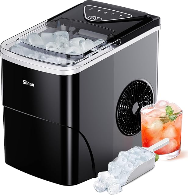 Silonn Ice Makers Countertop, 9 Cubes Ready in 6 Mins, 12KG in 24Hrs, Self-Cleaning Ice Machine with Ice Scoop and Basket, 2 Sizes of Bullet Ice for Home Kitchen Office Bar Party