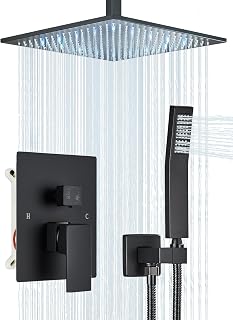 Saetow Matte Black Shower Faucets Sets Complete with 16" High Pressure LED Rainfall Shower Head and Handheld Spray Ceiling Mount Shower System Rough-in Valve Body and Trim Included