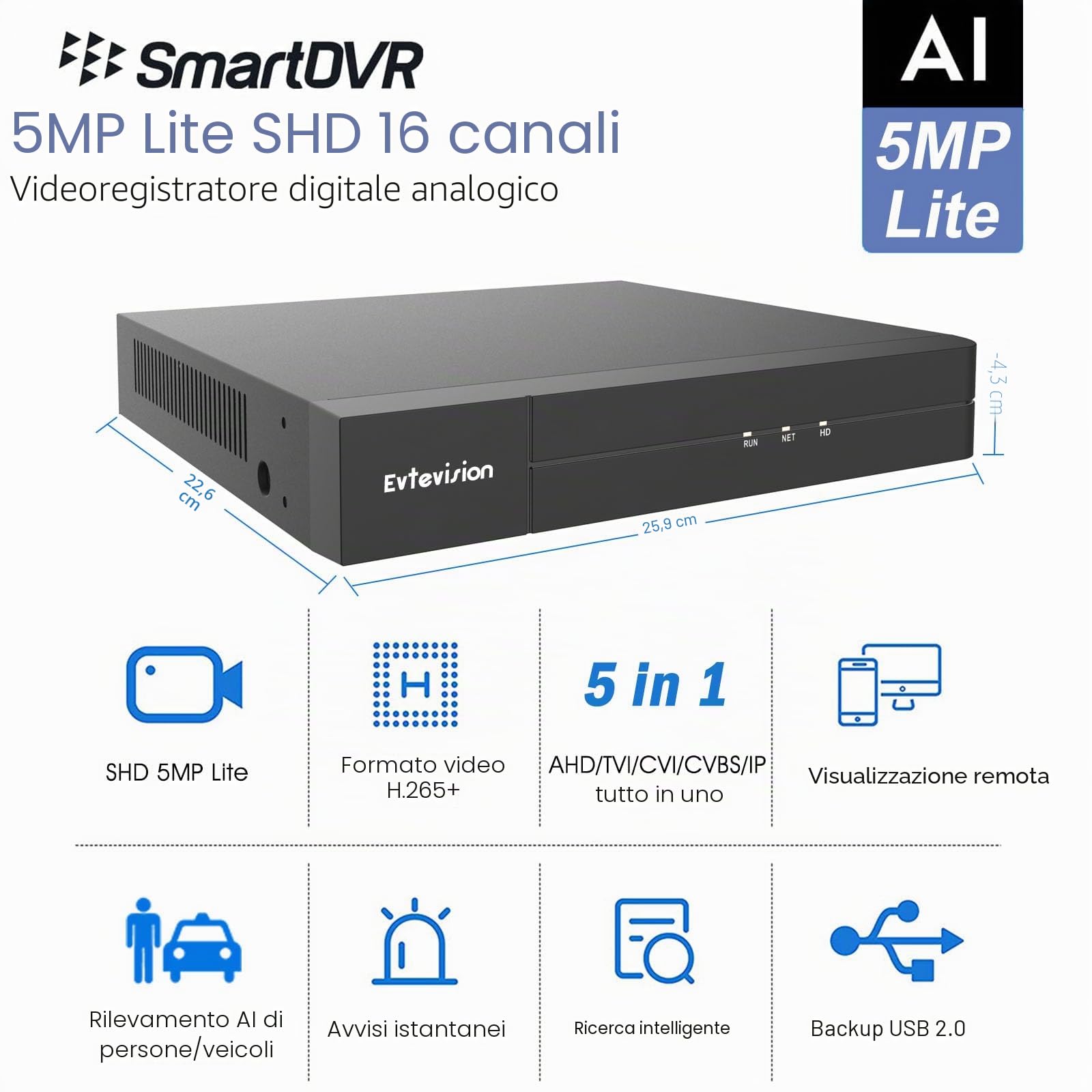 5MP Lite 16 Canali Video Sorveglianza H.265+ CCTV DVR Videoregistratore,Rilevamento di Persone/Veicoli,Visualizzazione Remota,Compatibile con Telecamera CVBS/AHD/TVI/CVI/IP,Senza HDD