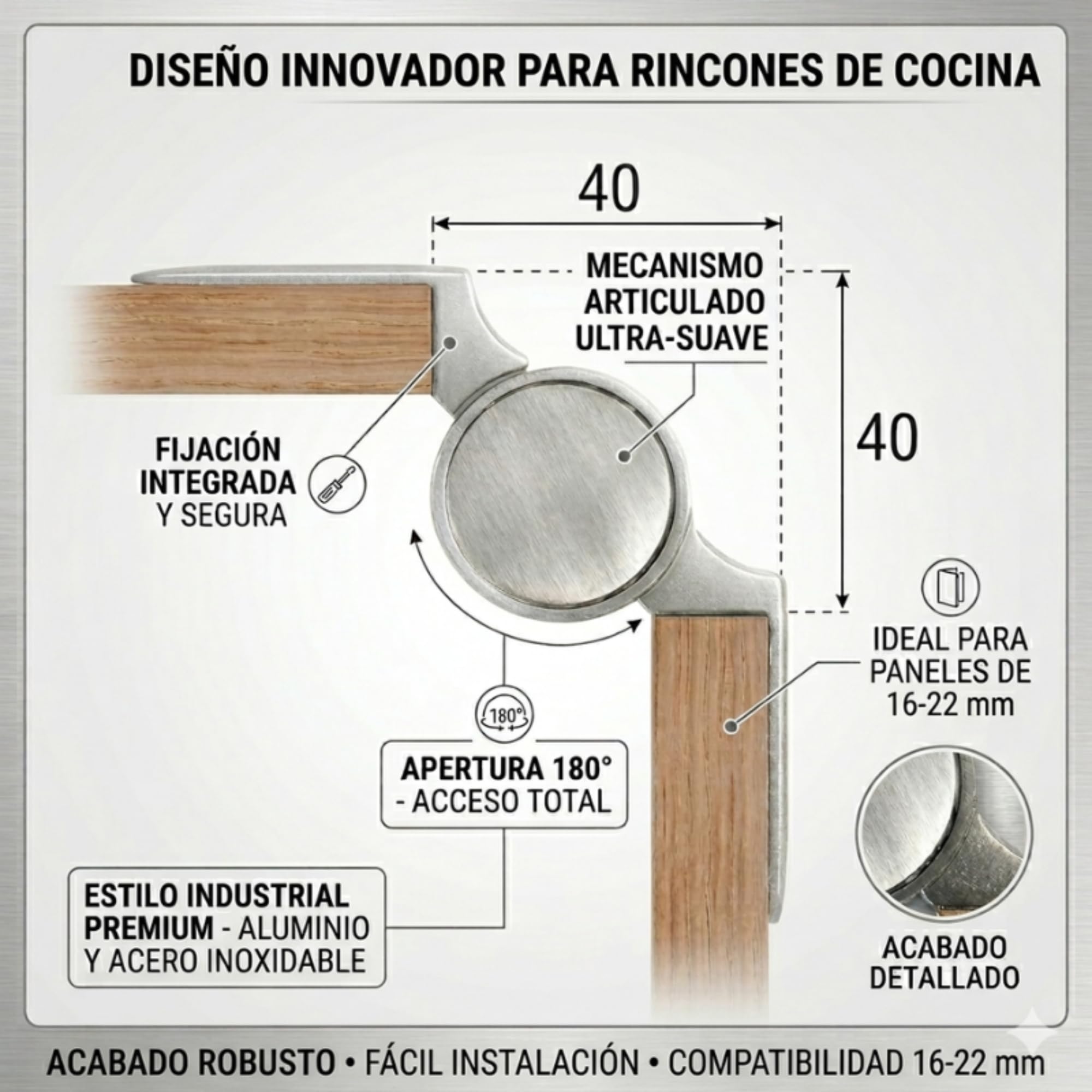 Bisagra Movi-Corner para Muebles de Rincón, 70 cm-90 cm, Montaje en Esquina, para Puertas de Cocina (Inox Brillante, 70 cm)
